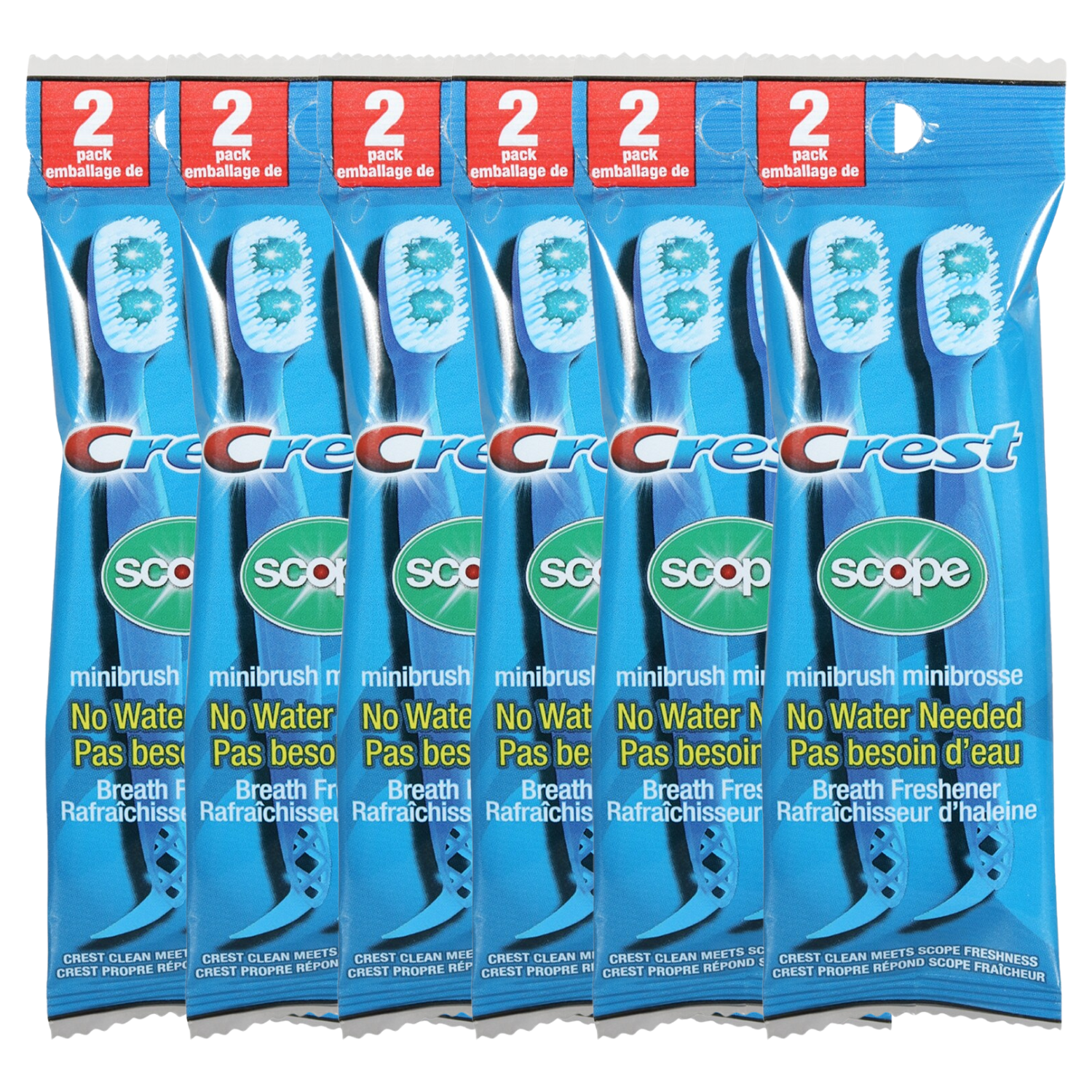 Crest Scope Water-Free Mini brushes, 2Ct Pack - Disposable Toothbrushes with Toothpaste Dual Ended Toothpick Bristles Brush for Work Travel Quick Fresh Breath Hygiene, Set of 6 - 12 Minibrush Total Crest