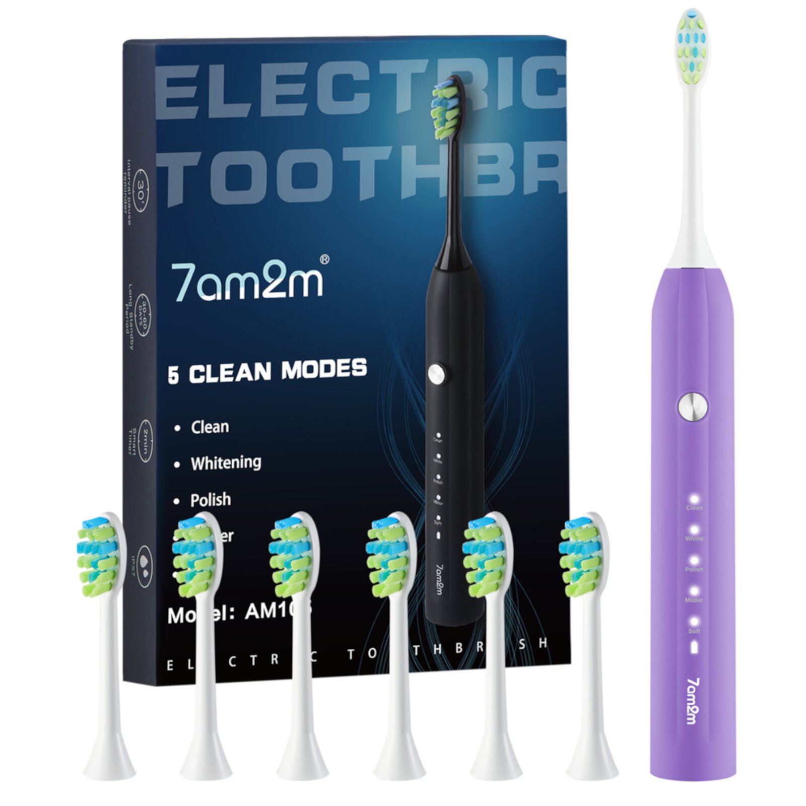 7AM2M Sonic Electric Toothbrush for Adults and Kids,One Charge for 90 Days, with 6 Brush Heads,AM105 7AM2M