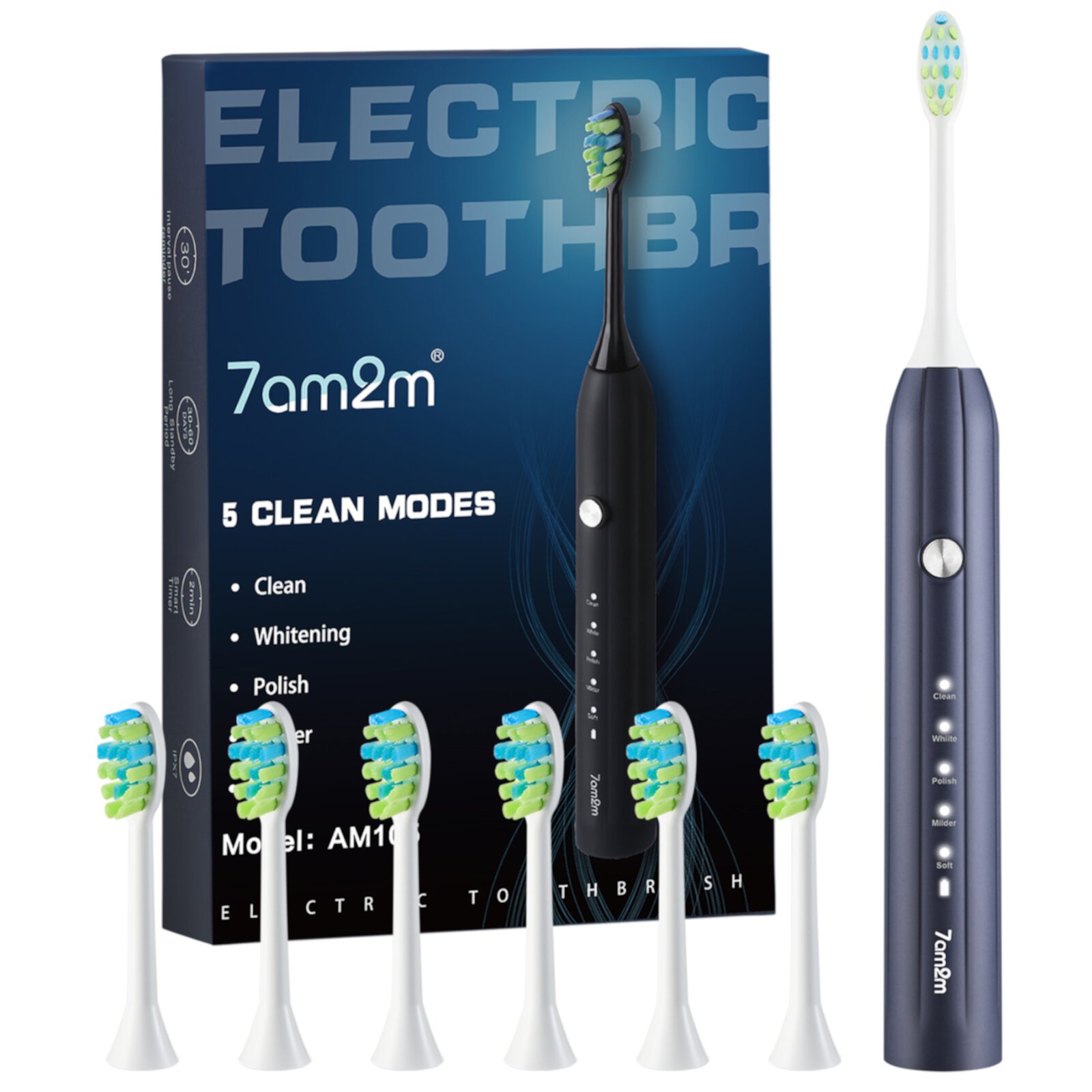 7AM2M Sonic Electric Toothbrush for Adults and Kids,One Charge for 90 Days, with 6 Brush Heads,AM105 7AM2M