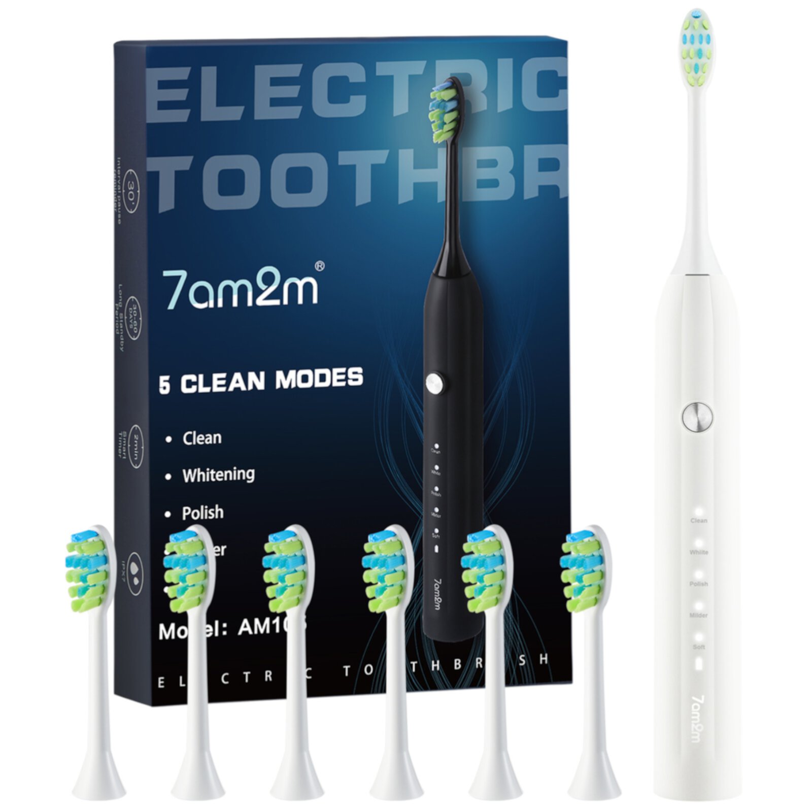 7AM2M Sonic Electric Toothbrush for Adults and Kids,One Charge for 90 Days, with 6 Brush Heads,AM105 7AM2M