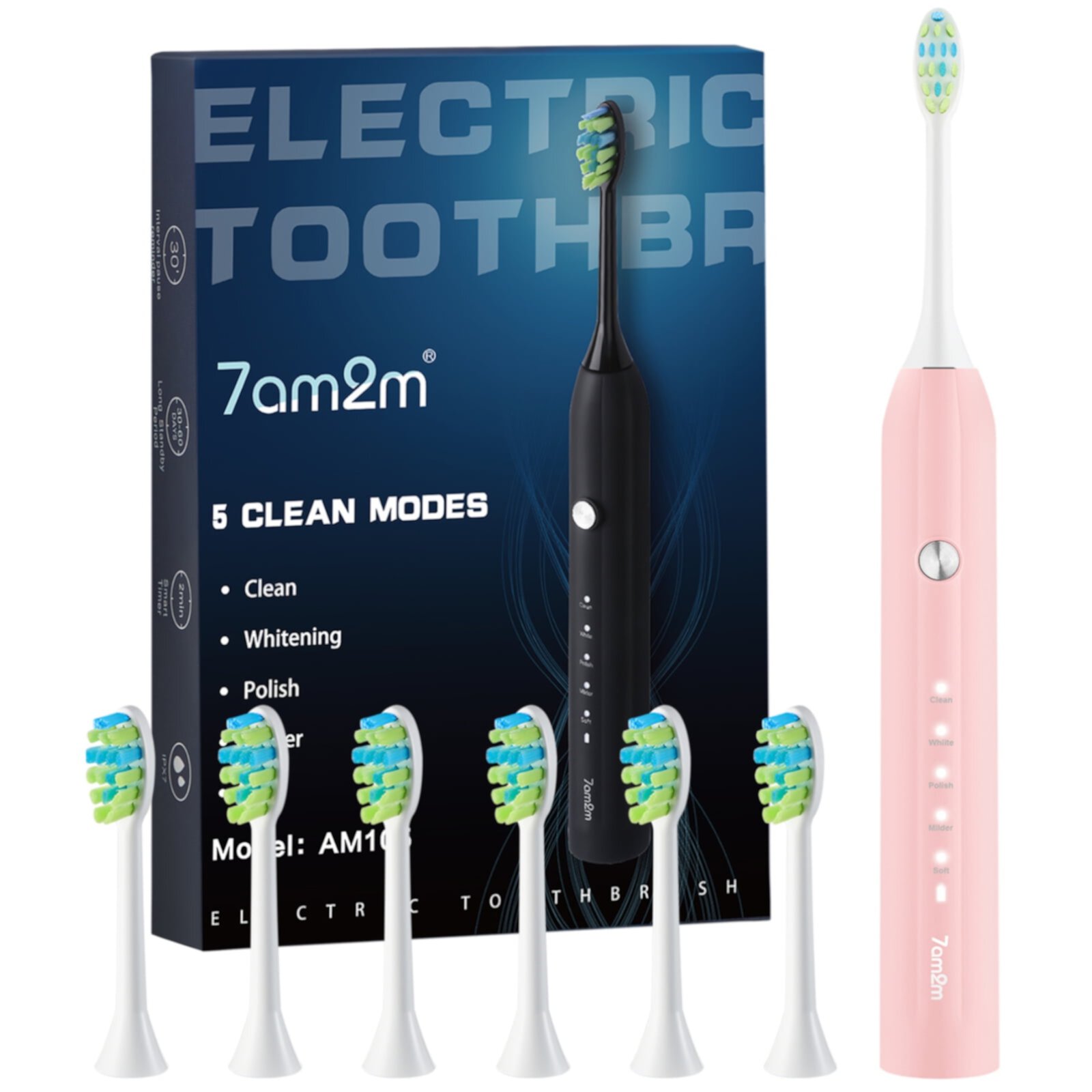 7AM2M Sonic Electric Toothbrush for Adults and Kids,One Charge for 90 Days, with 6 Brush Heads,AM105 7AM2M