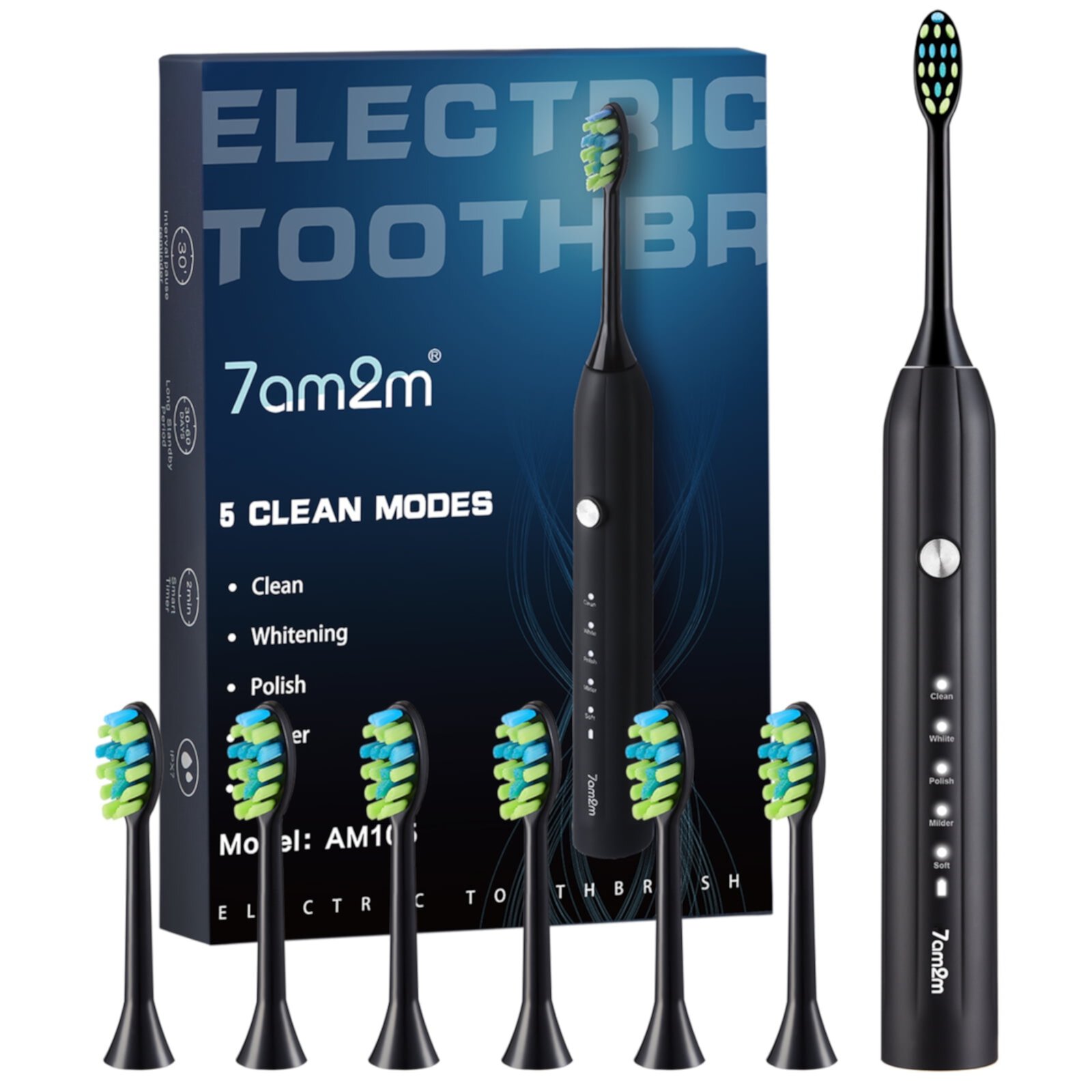 7AM2M Sonic Electric Toothbrush for Adults and Kids,One Charge for 90 Days, with 6 Brush Heads,AM105 7AM2M