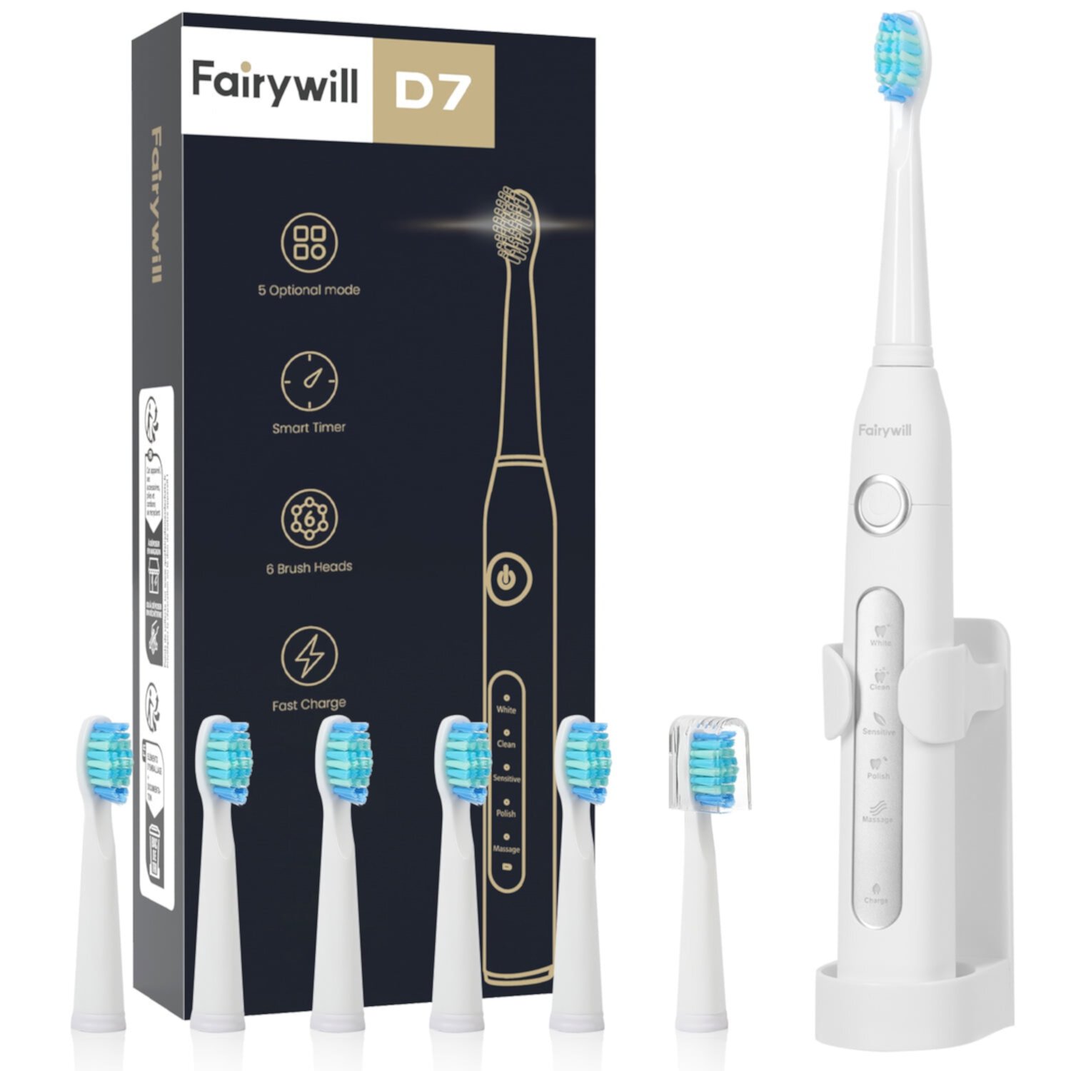 Fairywill Sonic Electric Toothbrush, Rechargeable Toothbrushes Power ToothBrush with 6 Brush Heads, 5 Modes and 2 Minutes Build in Smart Timer, White Fairywill