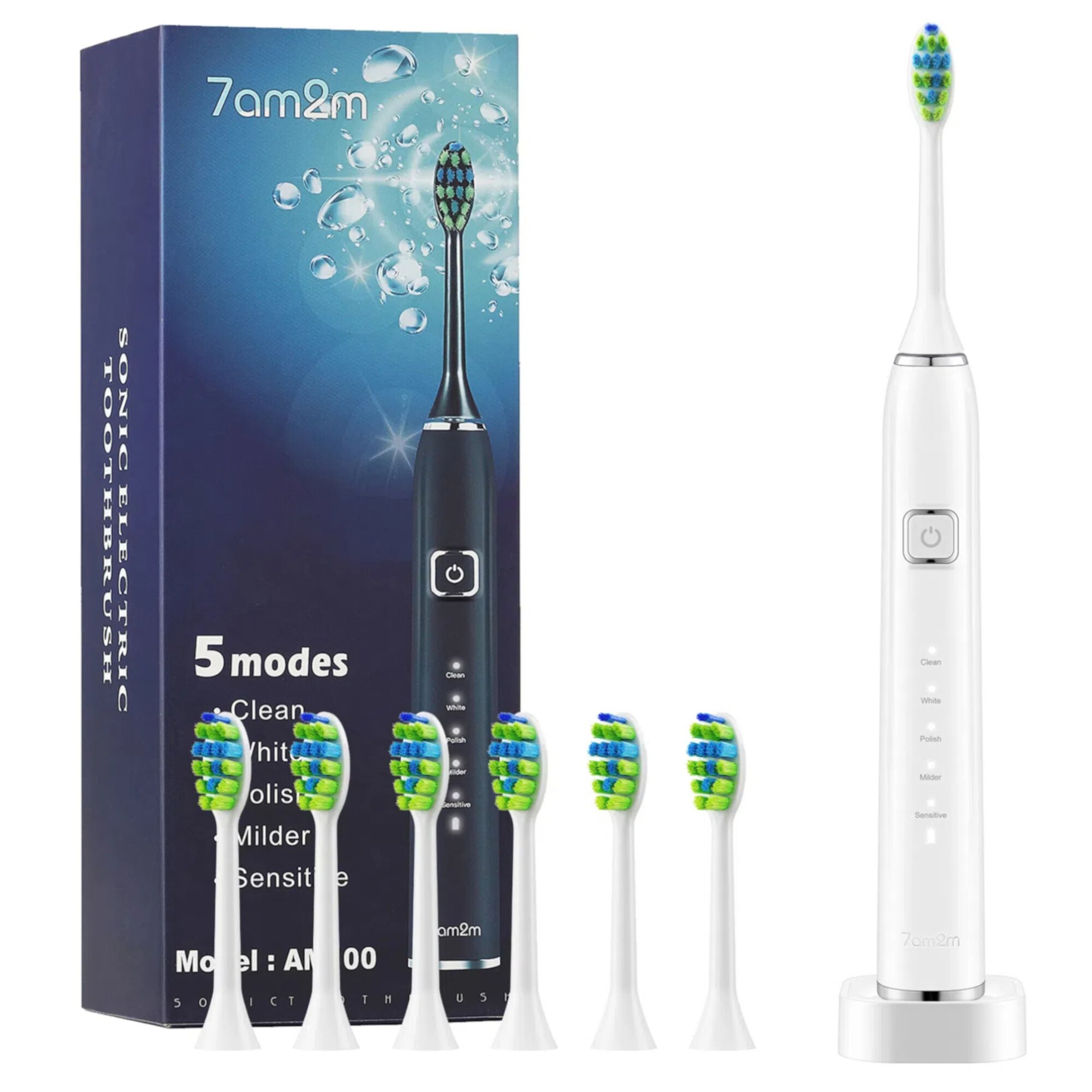 7am2m Sonic Electric Toothbrush with 6 Brush Heads for Adults and Kids, One Charge for 90 Days, Wireless Fast Charge, 5 Modes with 2 Minutes Built in Smart Timer, Electric Toothbrushes(White) 7AM2M