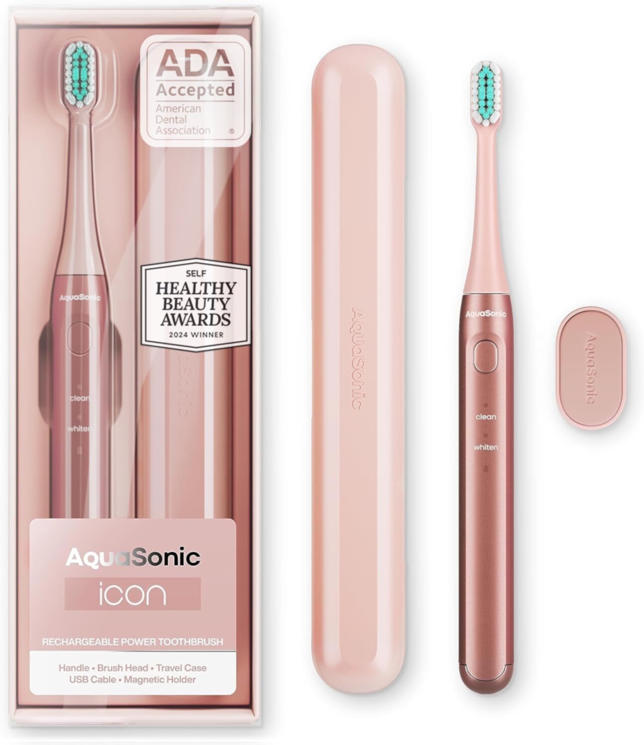 Aquasonic Icon Slim Electric Toothbrush - For Adults and Kids, Magnetic Holder, Travel Case, 2 Modes, Rechargeable - Pink AQUASONIC