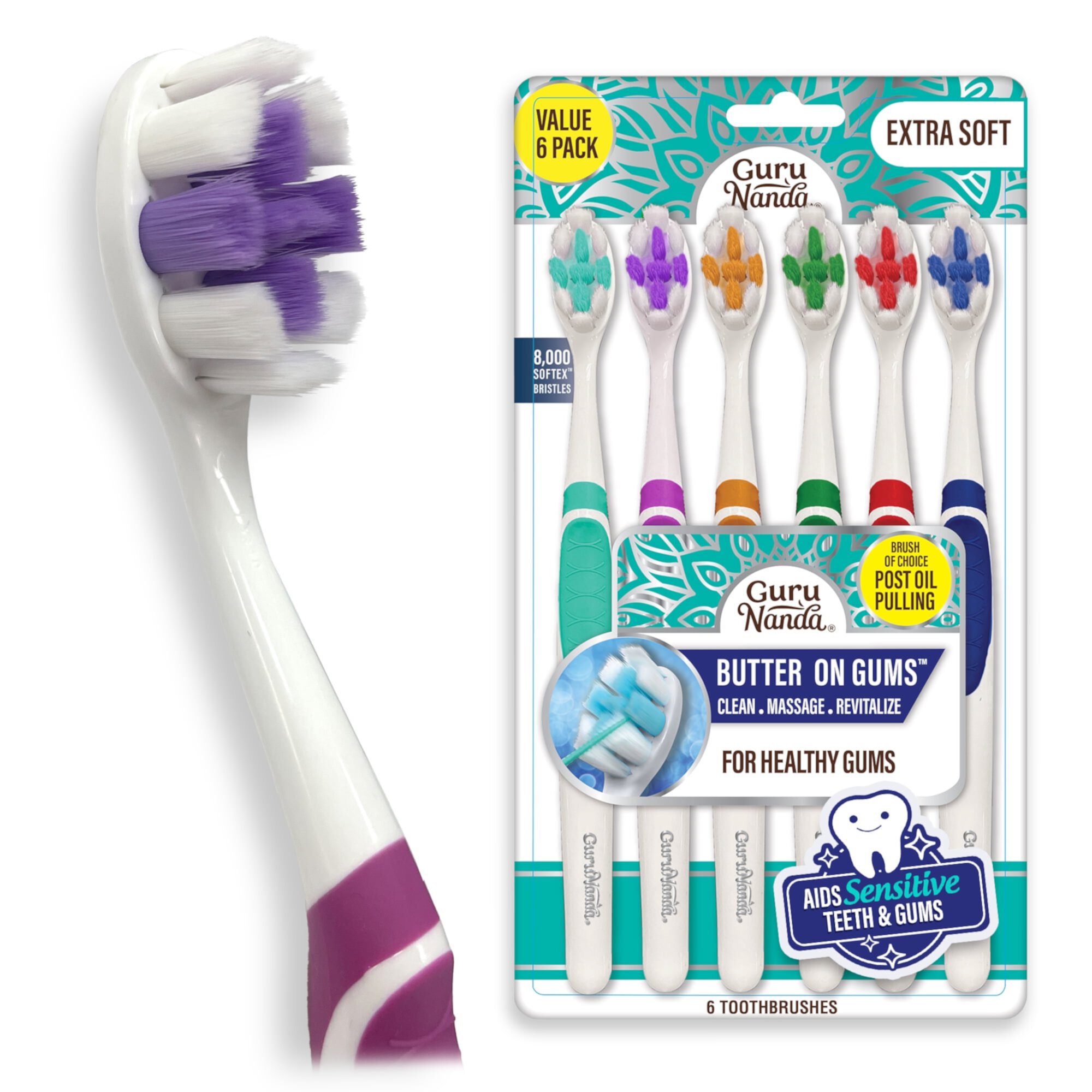 GuruNanda Butter On Gums Toothbrush - Ultra Soft Bristles - 6 Pack GuruNanda