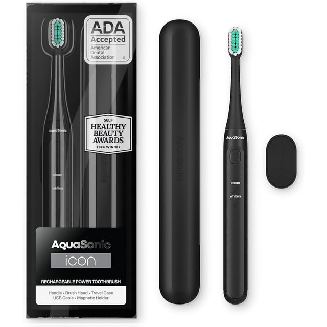 Aquasonic Icon Slim Electric Toothbrush - For Adults and Kids, Magnetic Holder, Travel Case, 2 Modes, Rechargeable - Pink AQUASONIC