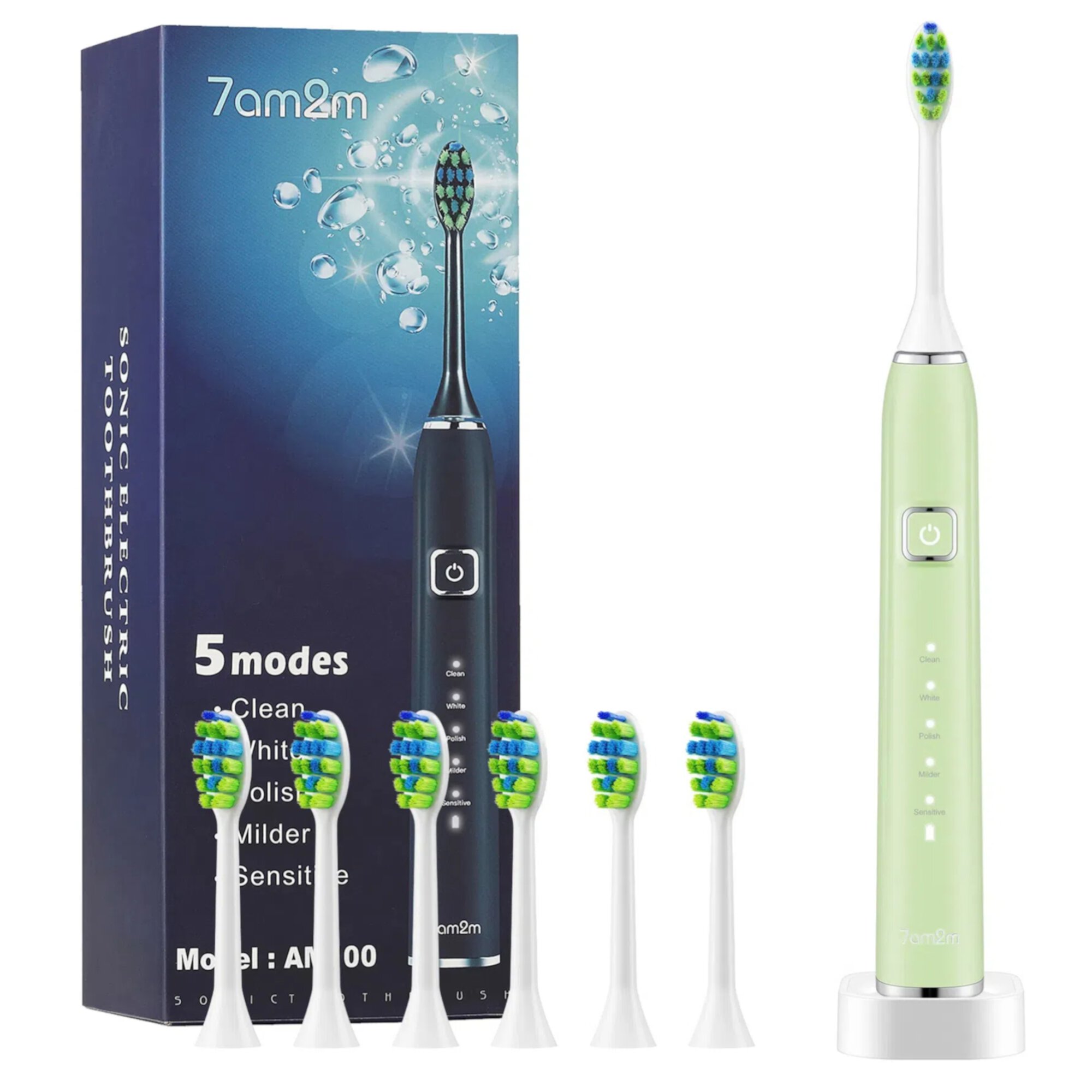 7am2m Sonic Electric Toothbrush with 6 Brush Heads for Adults and Kids, One Charge for 90 Days, Wireless Fast Charge, 5 Modes with 2 Minutes Built in Smart Timer, Electric Toothbrushes(Green) 7AM2M