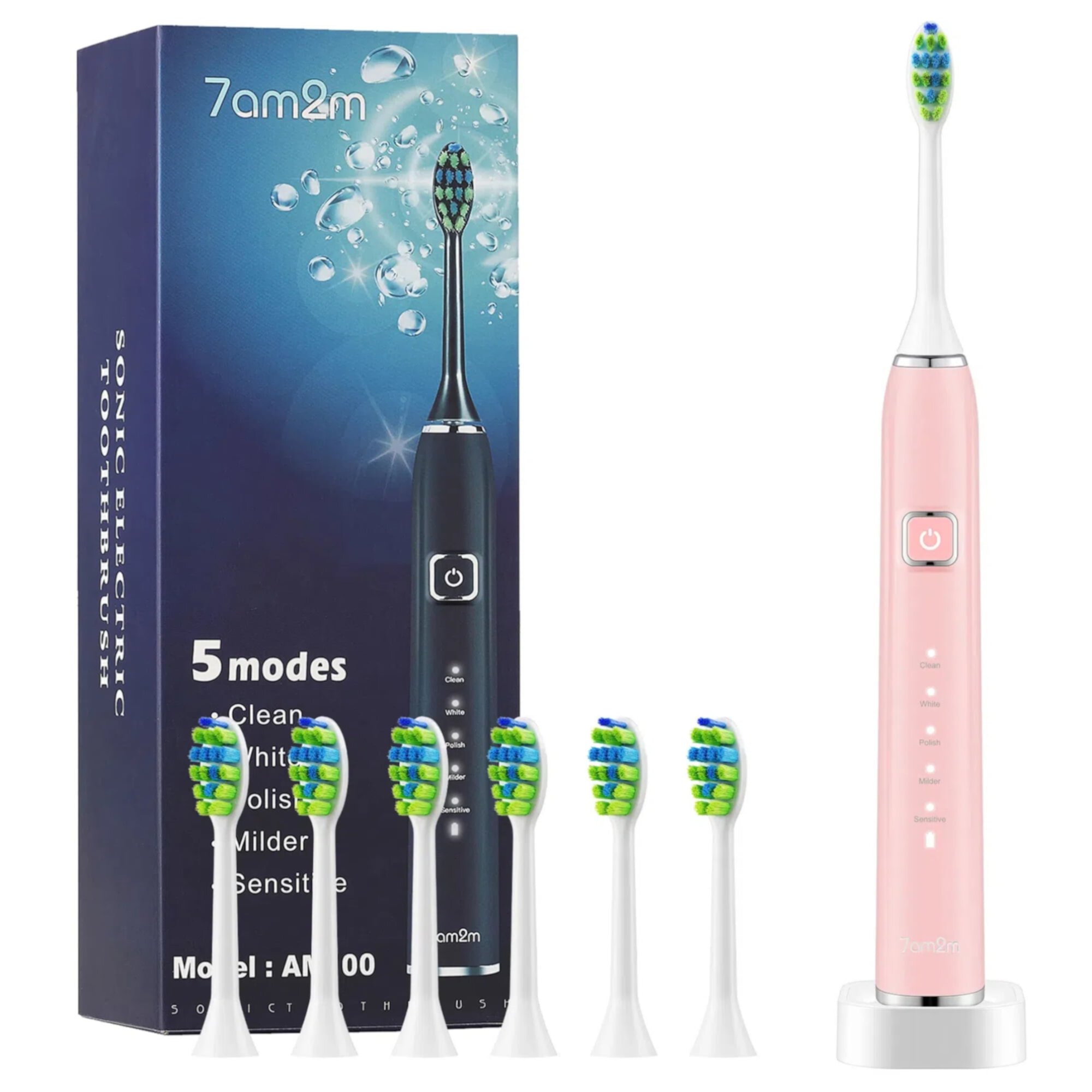 7am2m Sonic Electric Toothbrush with 6 Brush Heads for Adults and Kids, One Charge for 90 Days, Wireless Fast Charge, 5 Modes with 2 Minutes Built in Smart Timer, Electric Toothbrushes(Navy Blue) 7AM2M