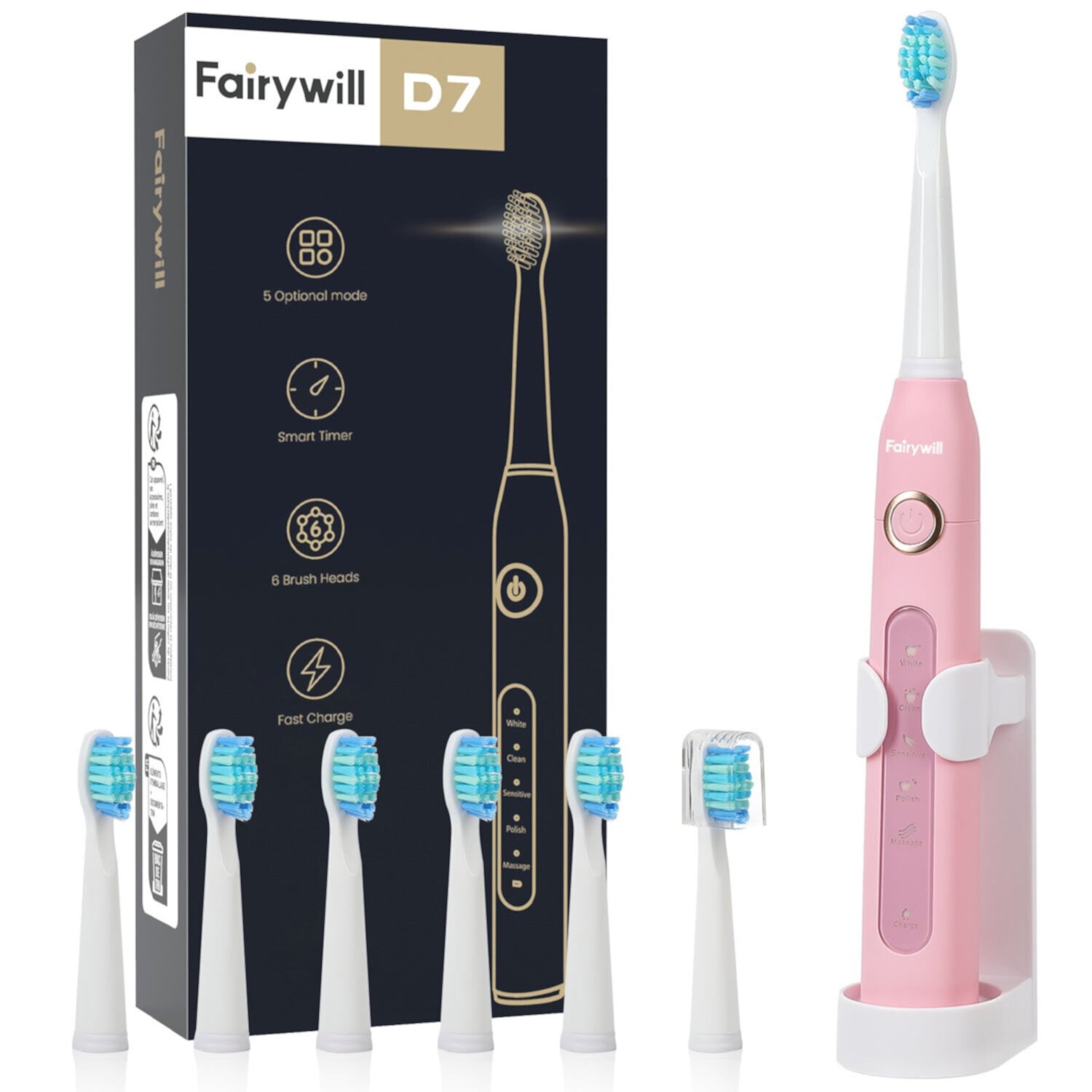 Fairywill Sonic Electric Toothbrush, Rechargeable Toothbrushes Power ToothBrush with 6 Brush Heads, 5 Modes and 2 Minutes Build in Smart Timer, Pink Fairywill