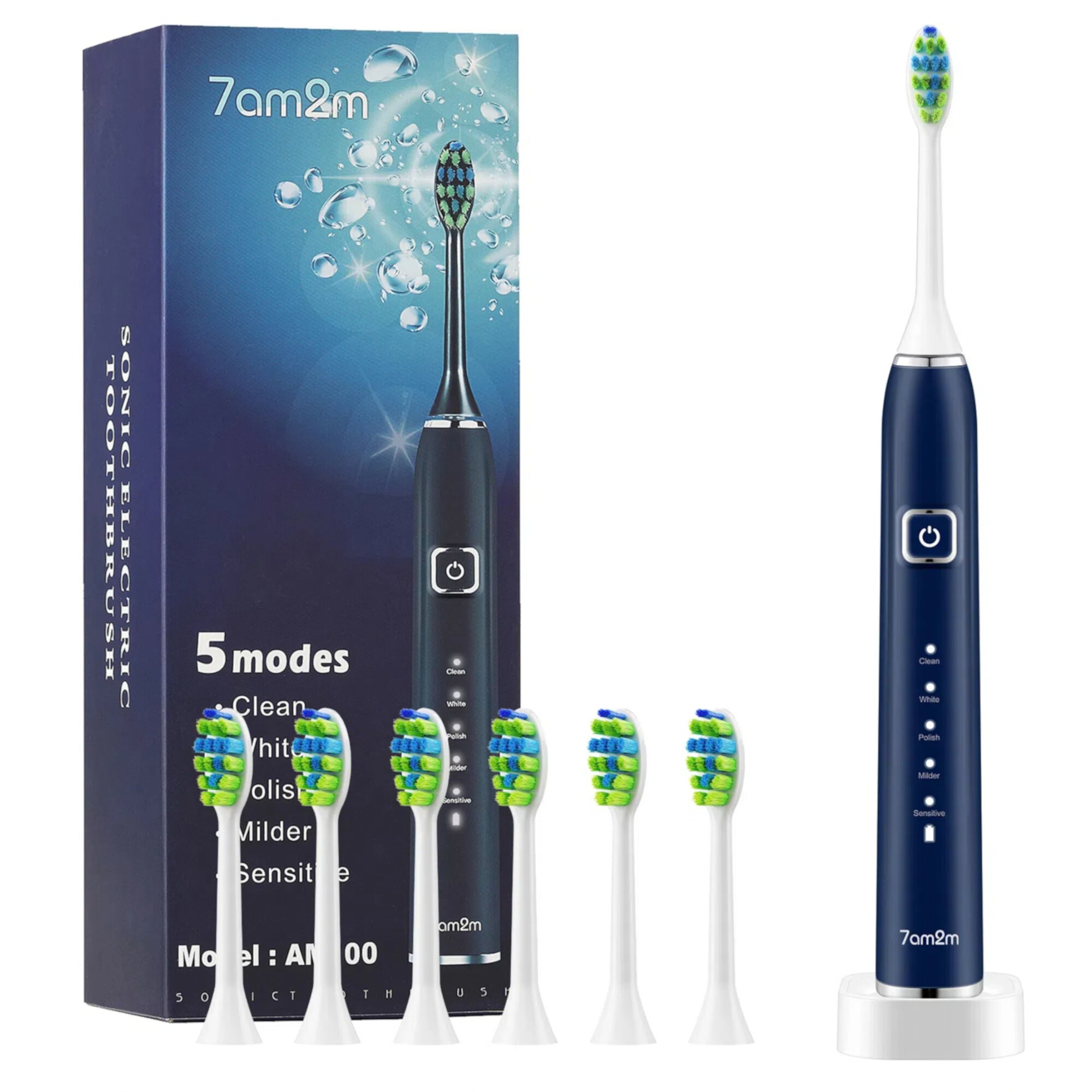 7am2m Sonic Electric Toothbrush with 6 Brush Heads for Adults and Kids, One Charge for 90 Days, Wireless Fast Charge, 5 Modes with 2 Minutes Built in Smart Timer, Electric Toothbrushes(Navy Blue) 7AM2M