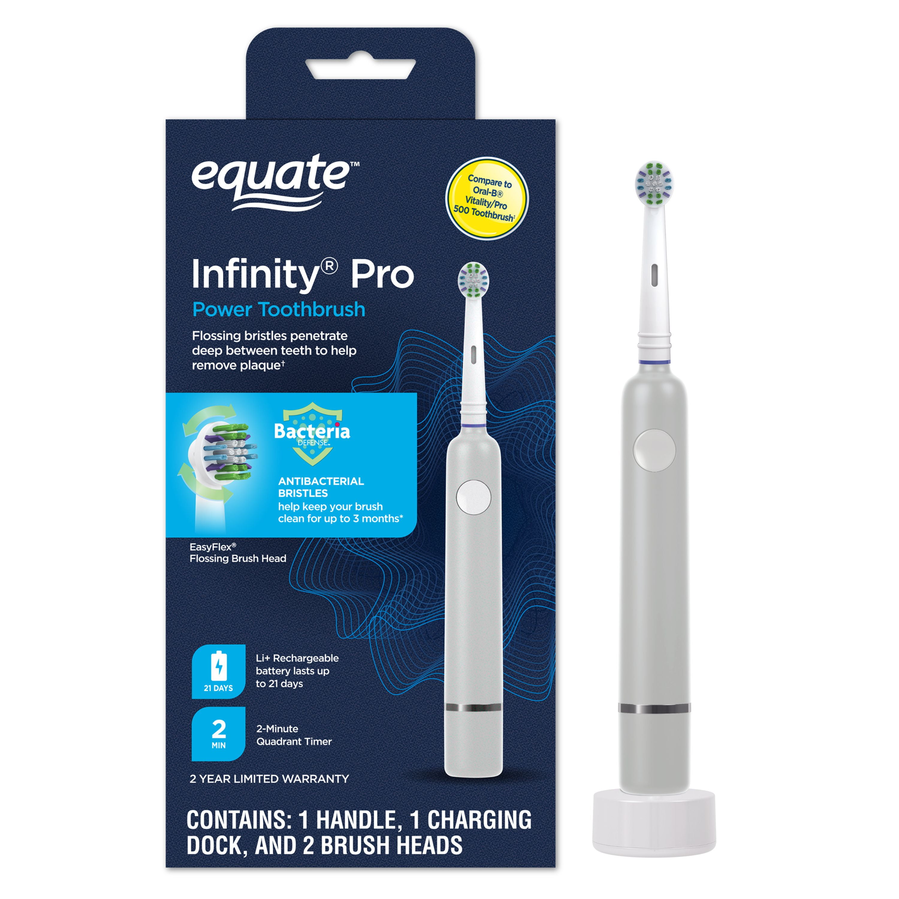 Equate Infinity Pro Rechargeable Toothbrush, Bacteria Defense Bristles, 1 Handle, 2 Brush Heads Equate