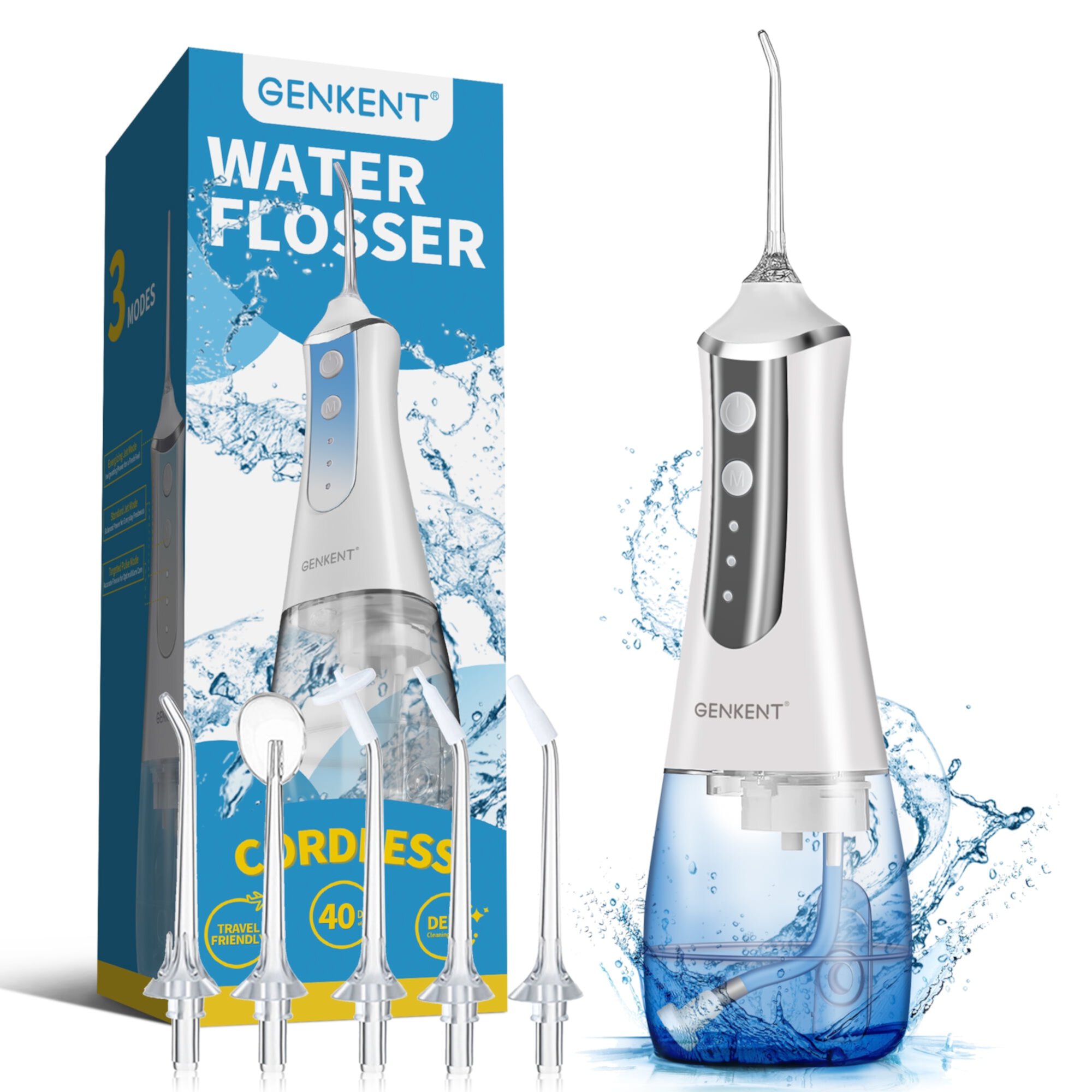 GENKENT Dental Care with a Cordless, Rechargeable and Waterproof Water Flosser, Featuring 350ML Capacity and 3 Modes for Home and Travel Use, Including Braces Care GENKENT