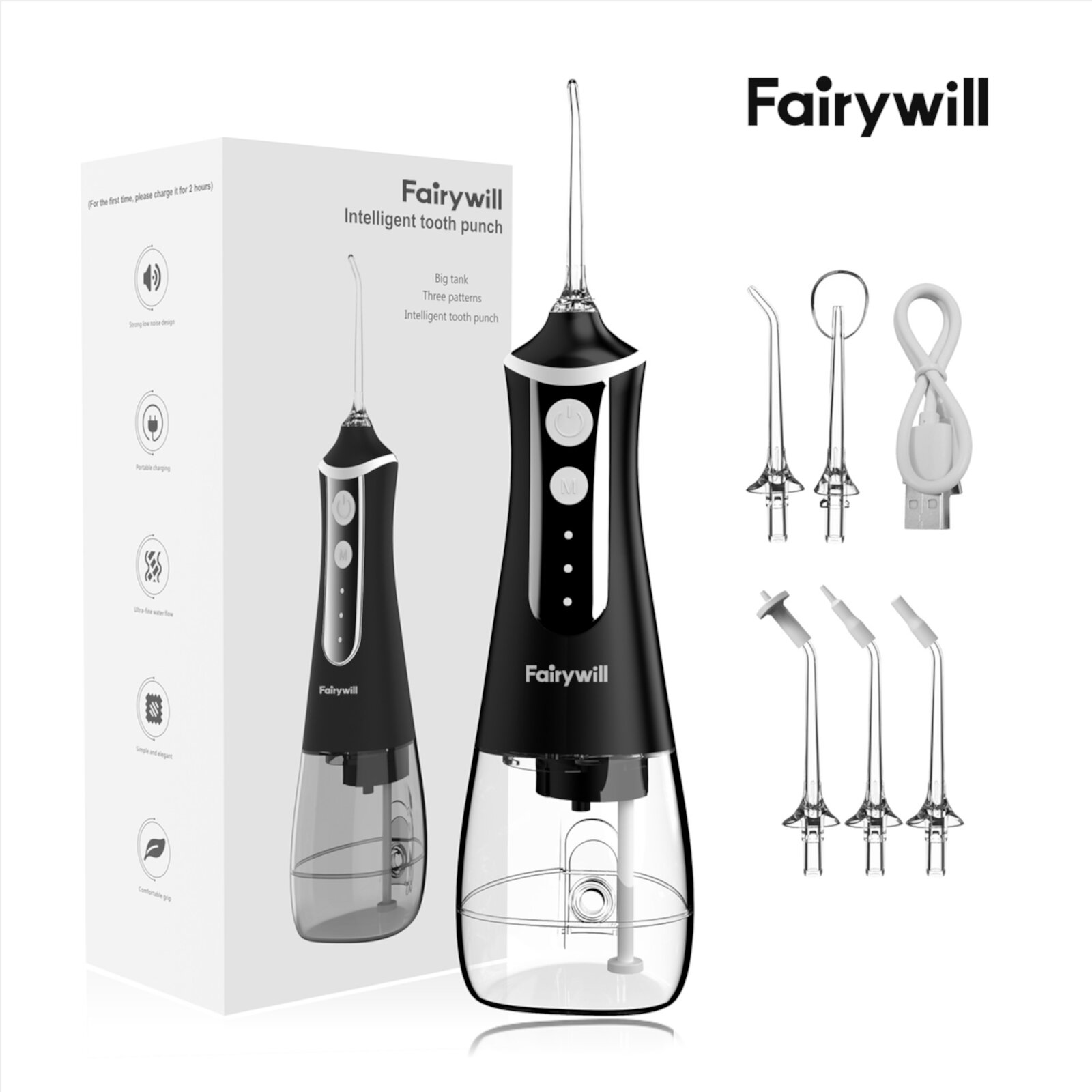 Fairywill Sonic Dental Oral Irrigator Water Flosser for Family,5 Pressure Levels,Electric Water Floss with 300ML Capacity,5 Water Jet Tips for Braces/ Teeth Cleaner ,Black Fairywill