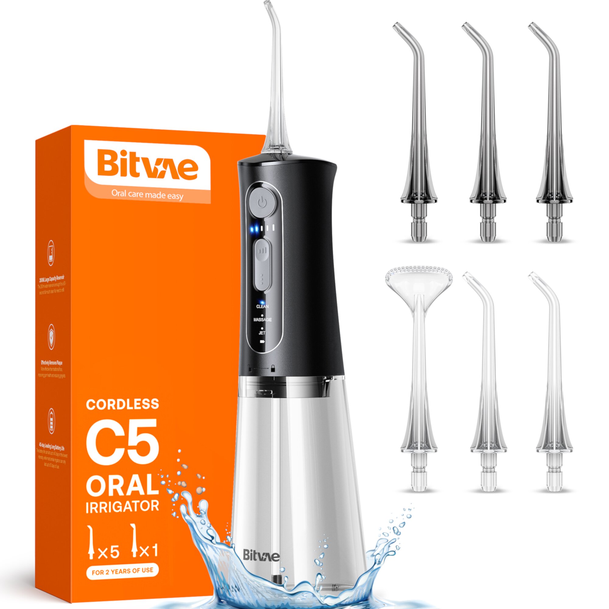 Bitvae Water Flosser for Teeth, Cordless Water Teeth Cleaner Picks, 3 Modes 5 Intensities, IPX7 Waterproof , 6 Tips Rechargeable Water Dental Picks for Cleaning - Black Bitvae