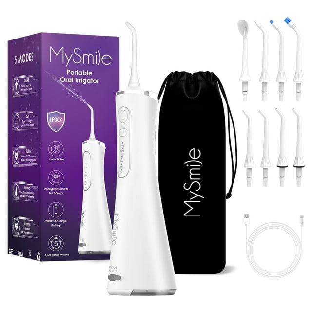 MySmile LP211 Cordless Water Flosser Oral Irrigator Portable Dental Flossing, 8 Jet Tips, White MySmile