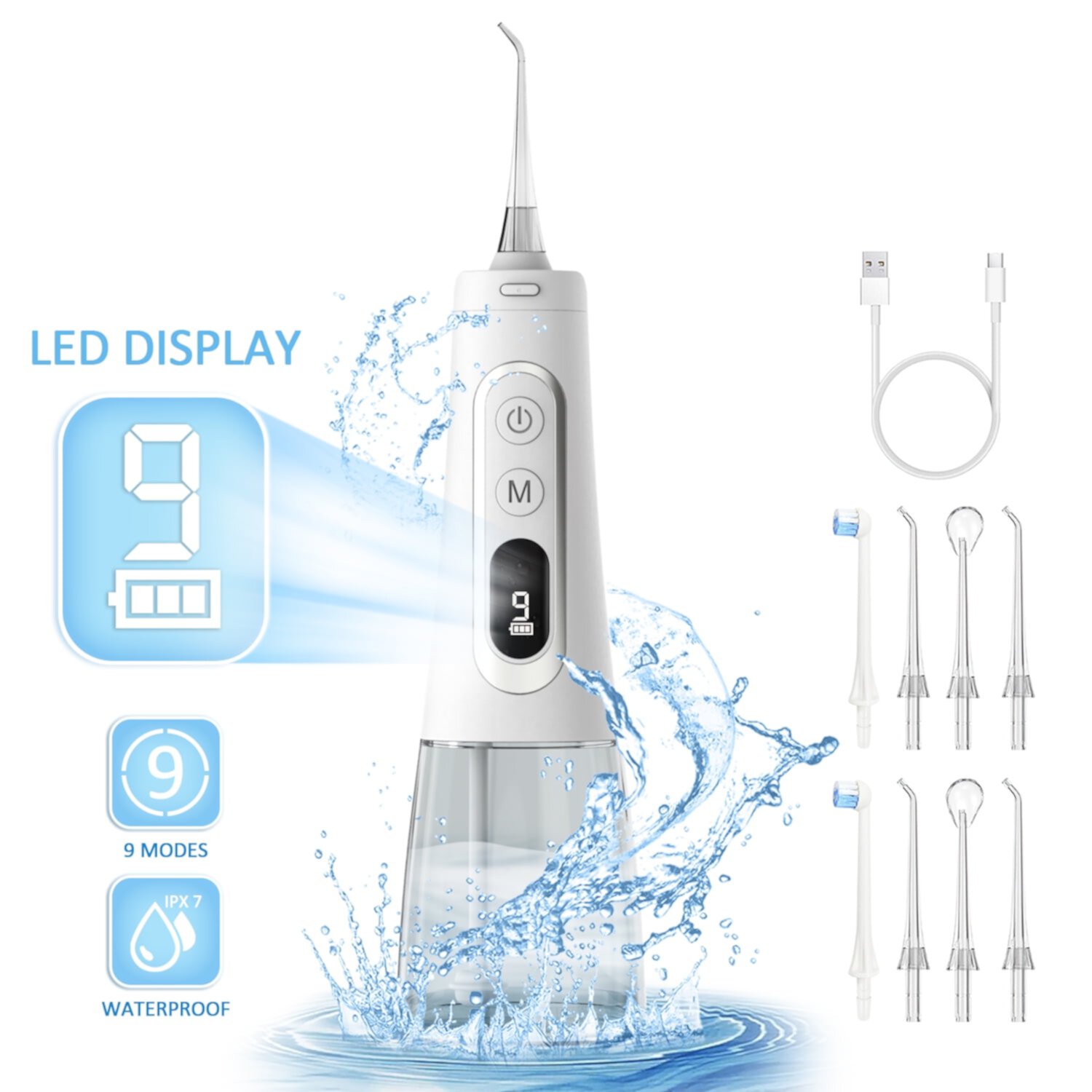 300ML Water Dental Flosser Cordless for Teeth, LCD Display Portable Water Flosser Cleaner Picks with 9 Modes 8 Jet Tips, IPX7 Waterproof Electric Flosser Oral Irrigator for Home Travel Office Cshidworld