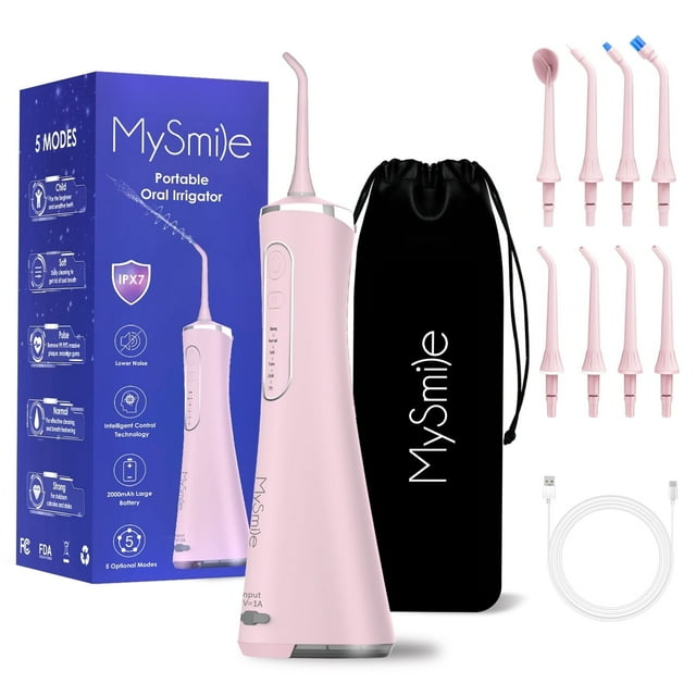 MySmile LP211 Cordless Water Flosser Oral Irrigator Portable Dental Flossing, 8 Jet Tips, Pink MySmile