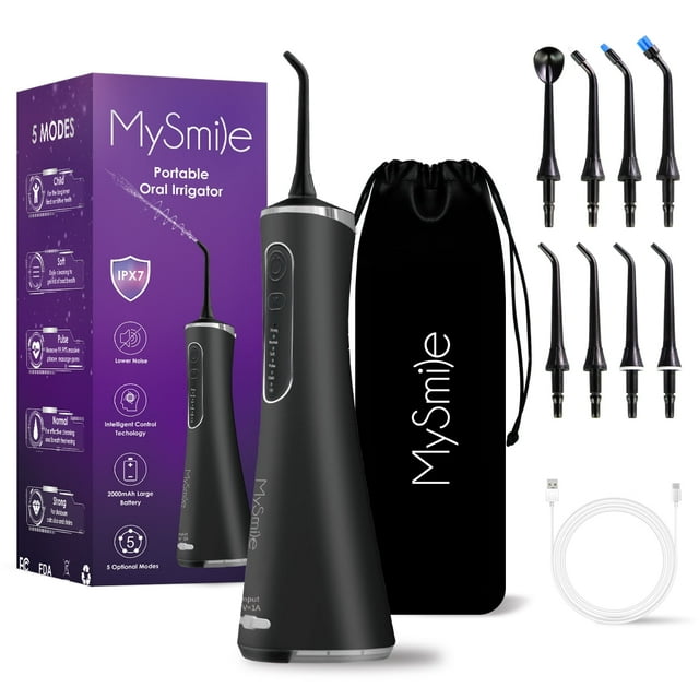 MySmile LP211 Cordless Water Flosser Oral Irrigator Portable Dental Flossing, 8 Jet Tips, Black MySmile