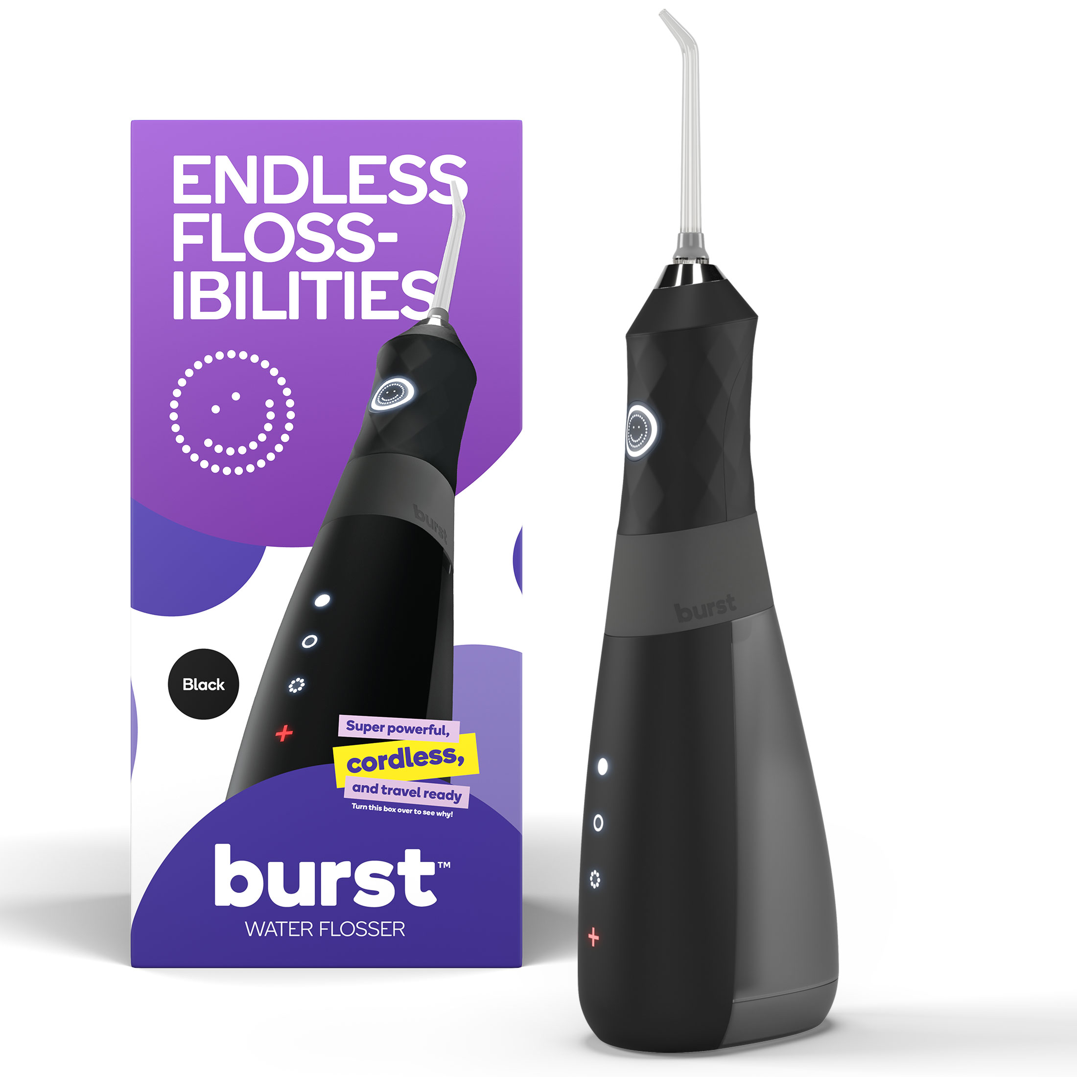 Burst Cordless Water Flosser, 3 Flossing Modes, 80-Day Battery, Black Burst