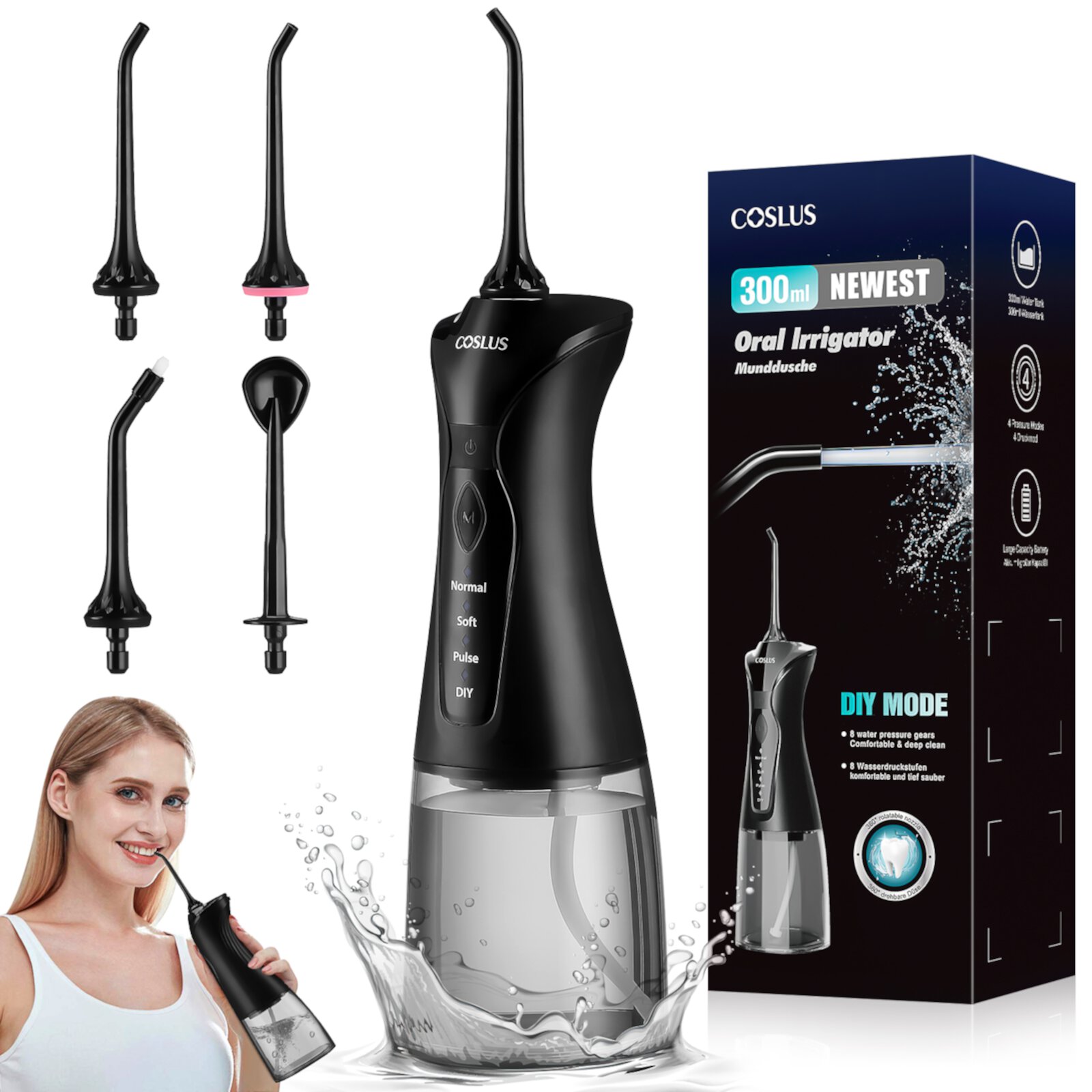 COSLUS Cordless Water Flosser, Professional Dental Teeth Cleaner, 300mL Tank USB Rechargeable Dental Oral Irrigator for Home and Travel, Black COSLUS