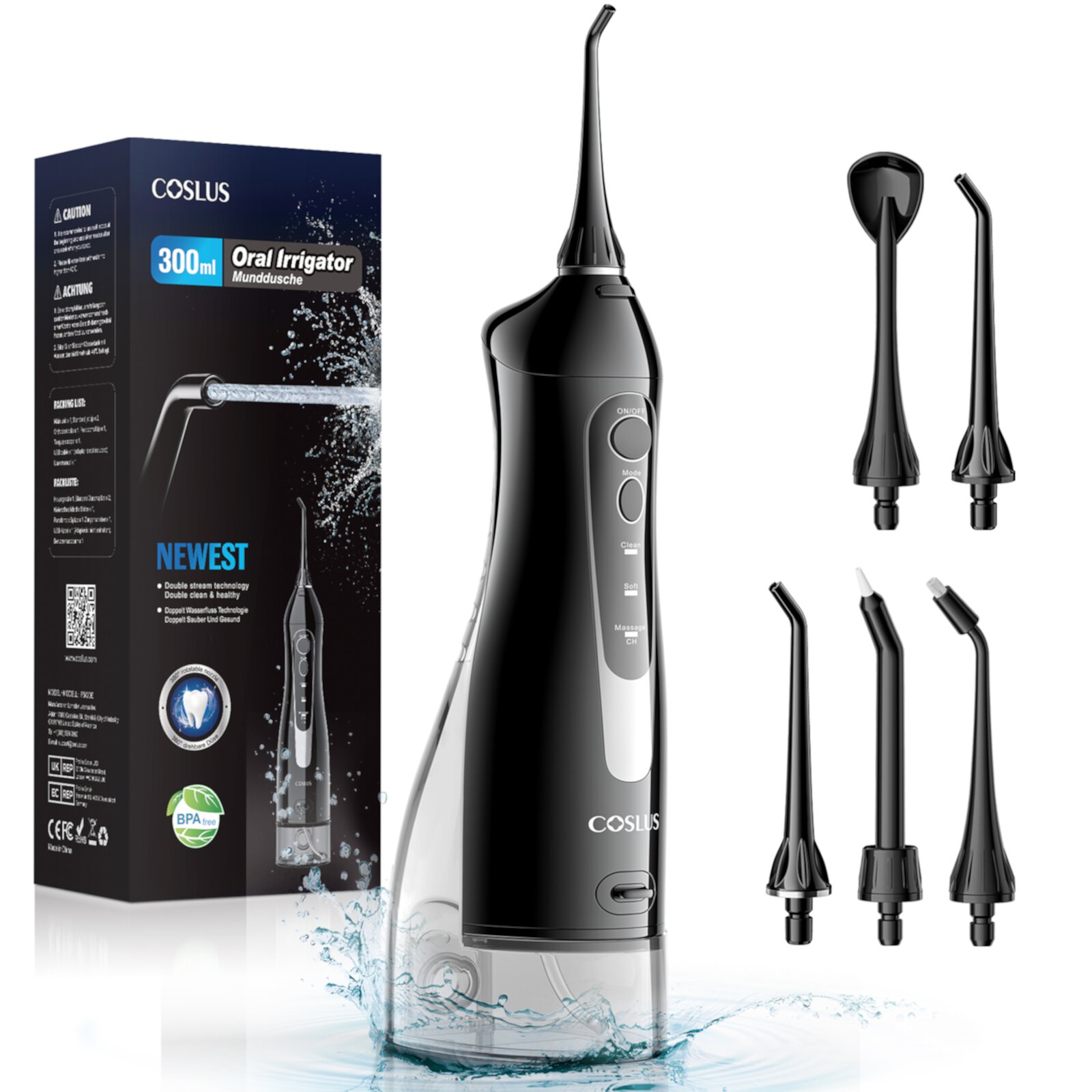 COSLUS Cordless Water Dental Flosser, Portable Teeth Pick, 300ML Rechargeable Tooth Irrigator for Teeth Cleaning, Black COSLUS