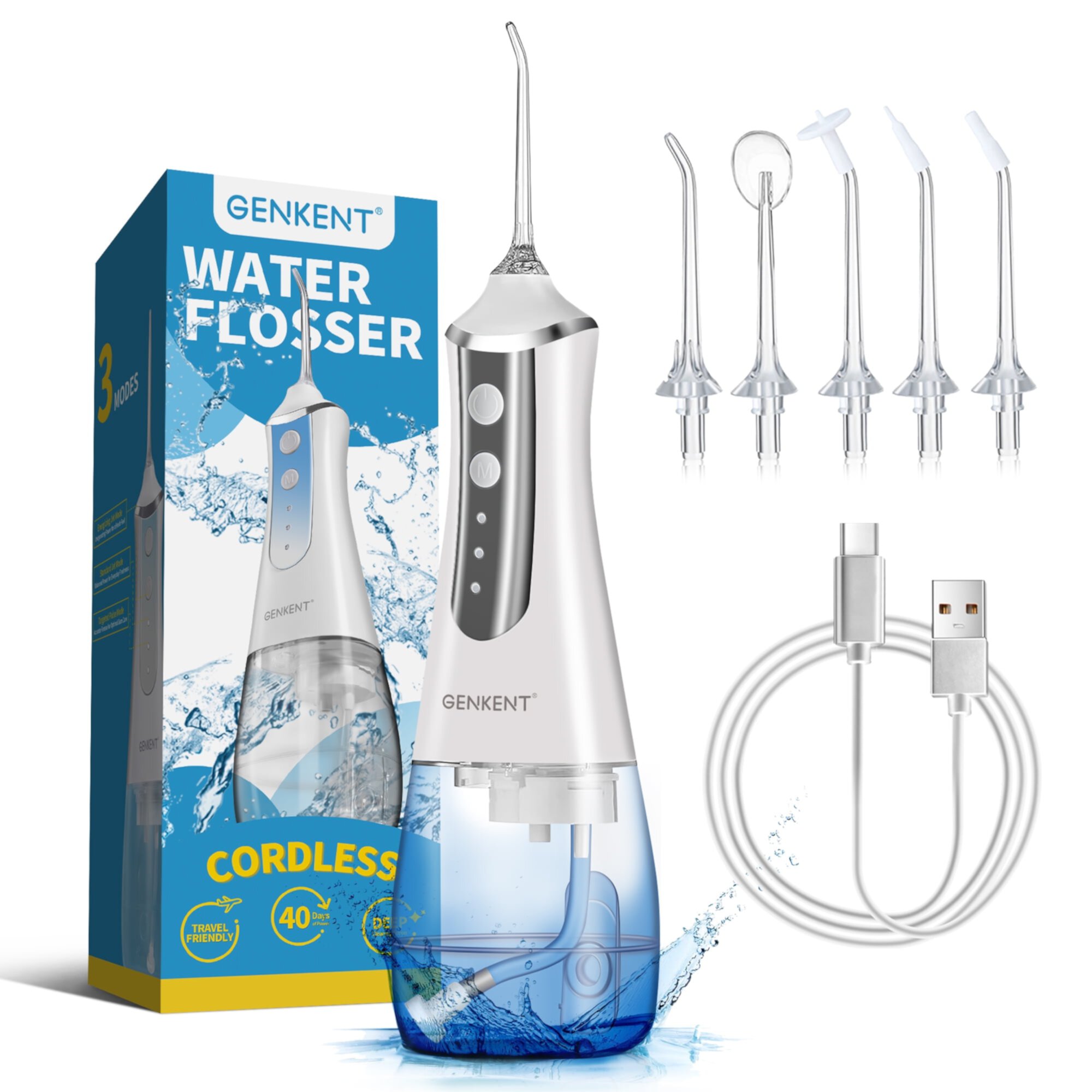 GENKENT Water Flosser for Teeth, Cordless Dental Flosser 3 Modes 5 Tips Rechargeable, White Visit the GENKENT Store