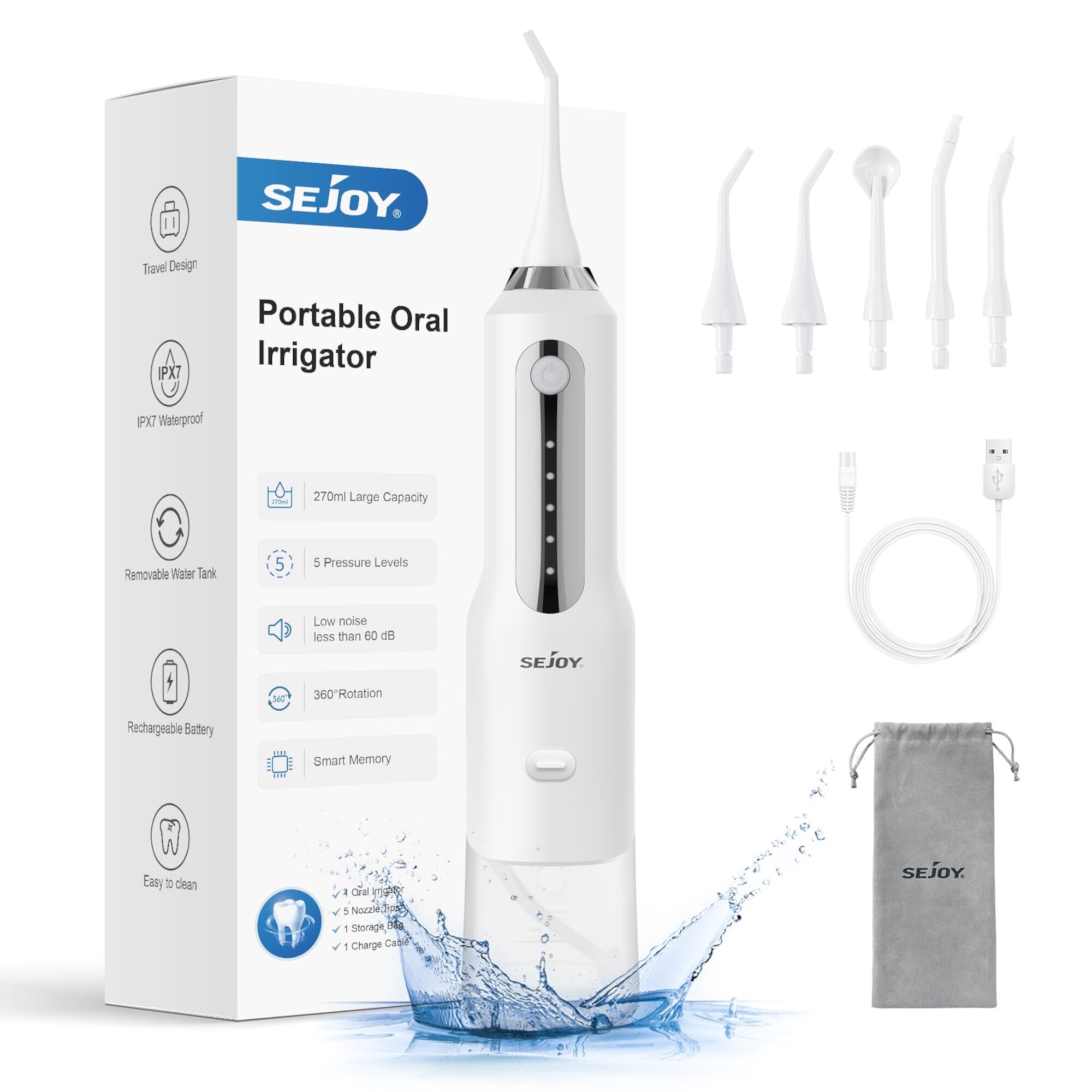 Sejoy Cordless Water Flosser Dental Teeth Cleaner, Professional 270ML Tank USB Rechargeable Dental Oral Irrigator for Home and Travel, 5 Modes 8 Jet Tips, IPX7 Waterproof, Easy-to-Clean,Black Sejoy