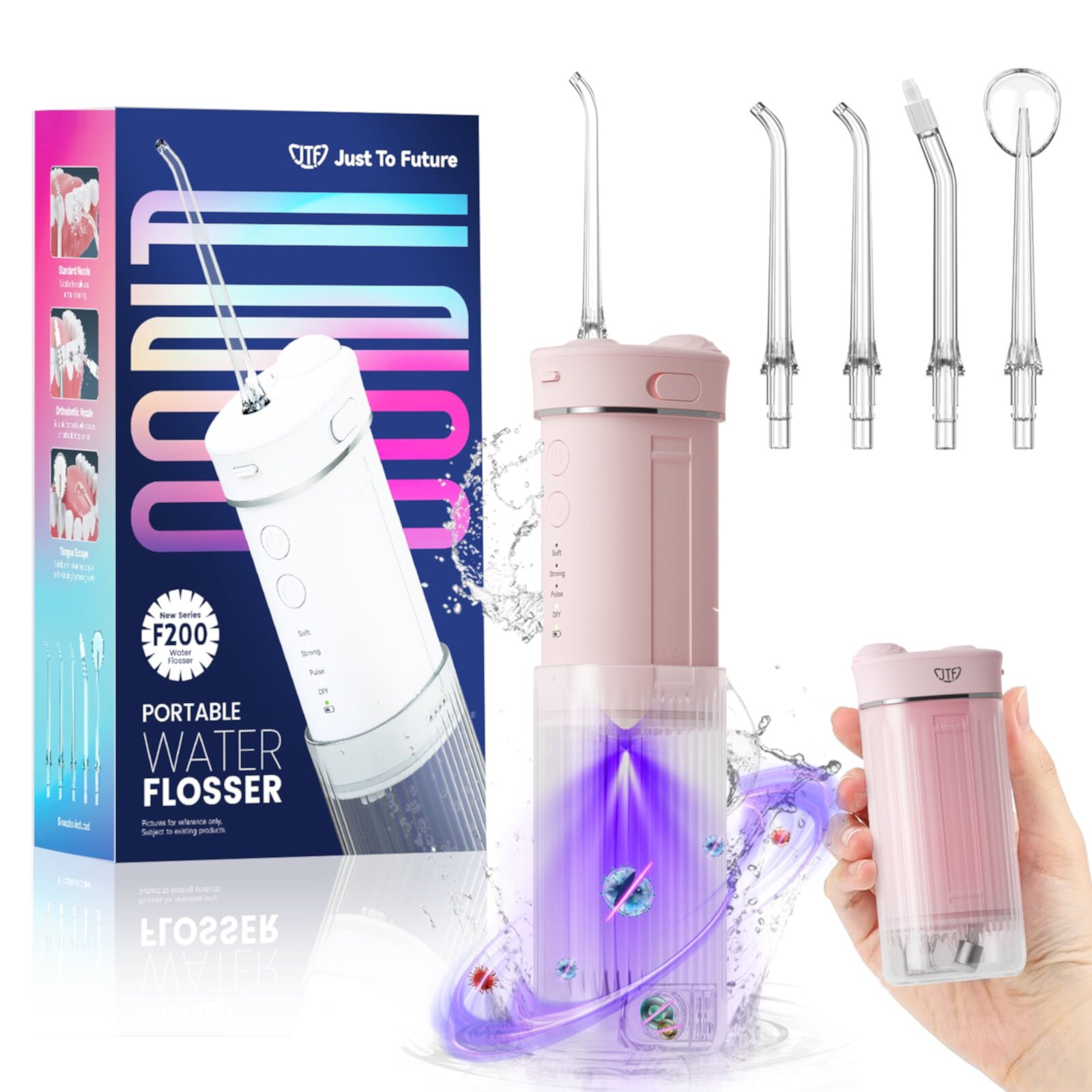 JTF Portable Water Flosser for Teeth, Travel Water Flosser Teeth Picks 5 Tips, Cordless Mini Water Dental Flosser with Telescopic Water Tank, DIY Mode & IPX7 Waterproof Oral Irrigator, Pink JTF