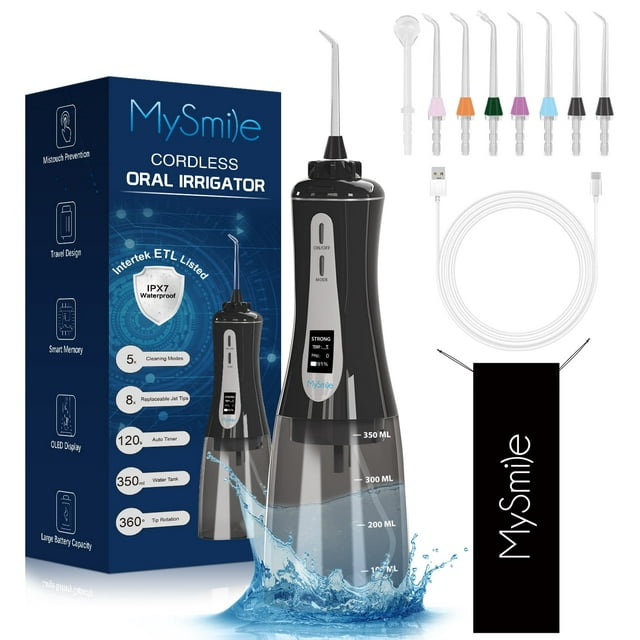 MySmile LP201 Water Flosser for Teeth Powerful Cordless 350ML Water Dental Flosser Portable OLED Display Oral Irrigator, 5 Modes 8 Replaceable Jet Tips (Black) MySmile