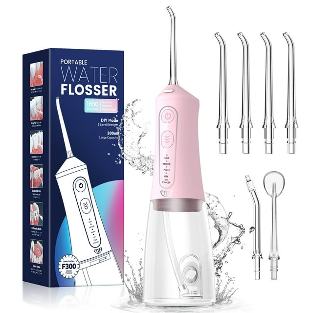 JTF Cordless Water Flosser Dental Teeth Cleaner, Portable 300ML Tank DIY Mode Rechargeable Dental Oral Irrigator for Home and Travel, 6 Jet Tips, Pink JTF