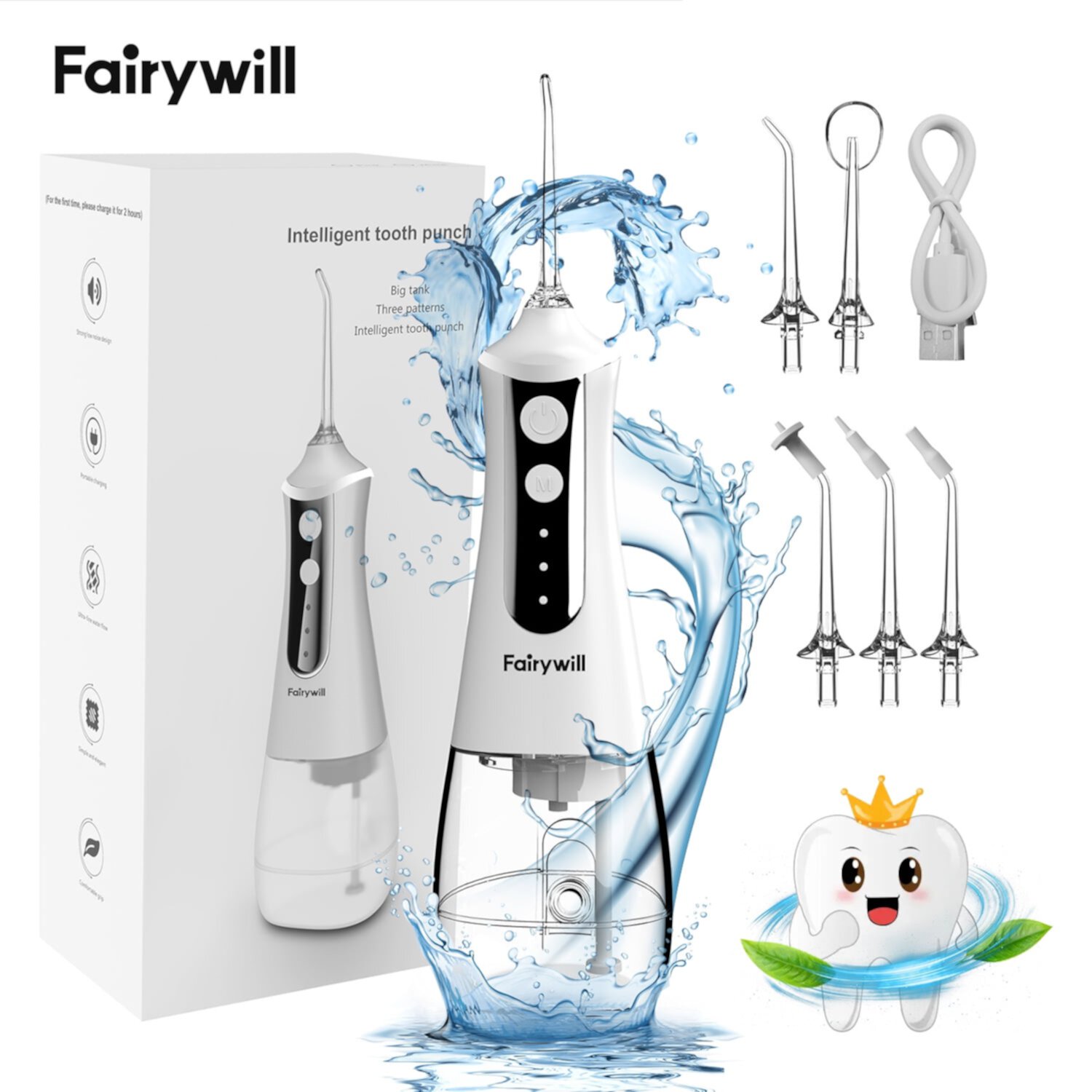 Fairywill Cordless Water Flosser, Portable Oral Irrigator Teeth Cleaner with 5 Modes, 300ML Rechargeable Electric Oral Hygiene Flossing for Travel & Home, White Fairywill