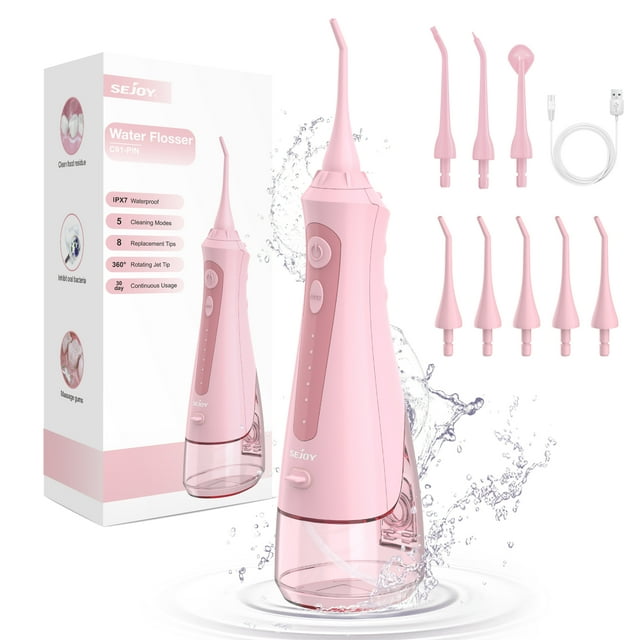 Sejoy Cordless Water Flosser, Dental Oral Irrigator, 230ML Portable Rechargeable Waterproof Teeth Cleaner for Home and Travel, 5 Modes, 8 Jet Tips, Pink Sejoy