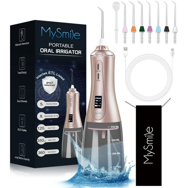 MySmile LP221 Cordless Water Flosser Rechargeable Oral Irrigator for Teeth Cleaning 335ML Portable Dental Flosser 4 Modes 8 Jet Tips, White MySmile