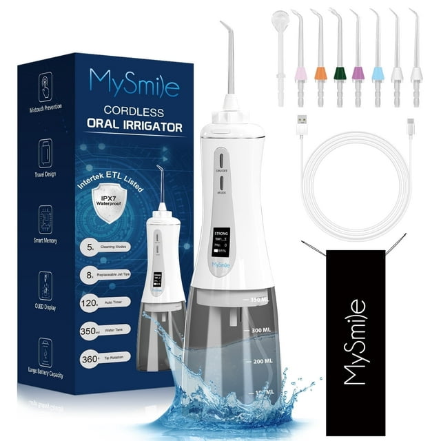 MySmile LP201 Water Flosser for Teeth Powerful Cordless 350ML Water Dental Flosser Portable OLED Display Oral Irrigator, 5 Modes 8 Replaceable Jet Tips (White) MySmile