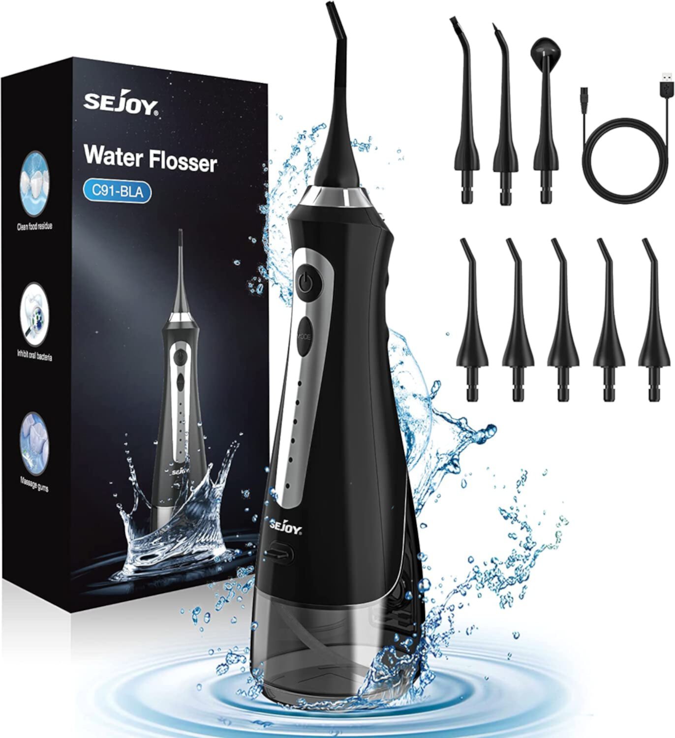 Sejoy Cordless Water Flosser, Dental Oral Irrigator, 230ML Portable Rechargeable Waterproof Teeth Cleaner for Home and Travel, 5 Modes, 8 Jet Tips, Purple Sejoy