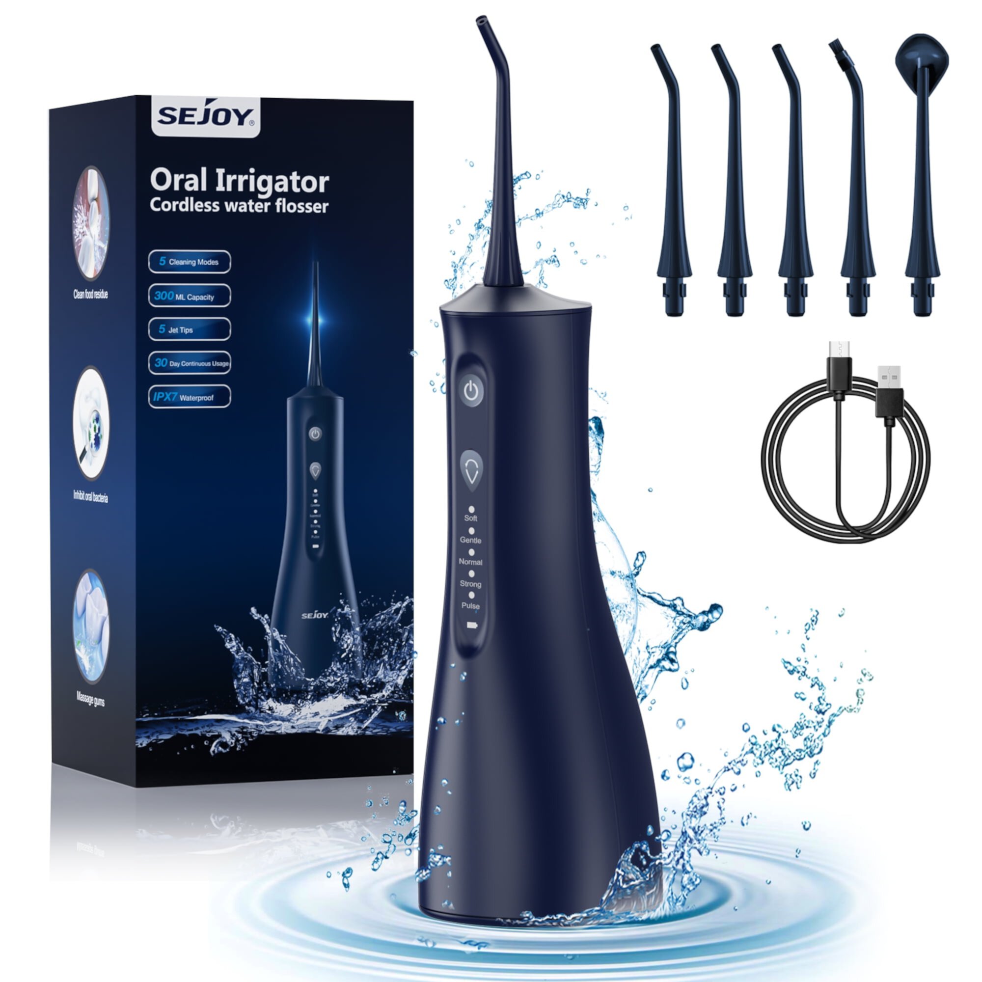 Sejoy Cordless Water Flosser Dental Teeth Cleaner, Portable 300ML Tank Rechargeable Oral Irrigator for Home and Travel, 5 Modes Irrigate, 5 Jet Tips Sejoy