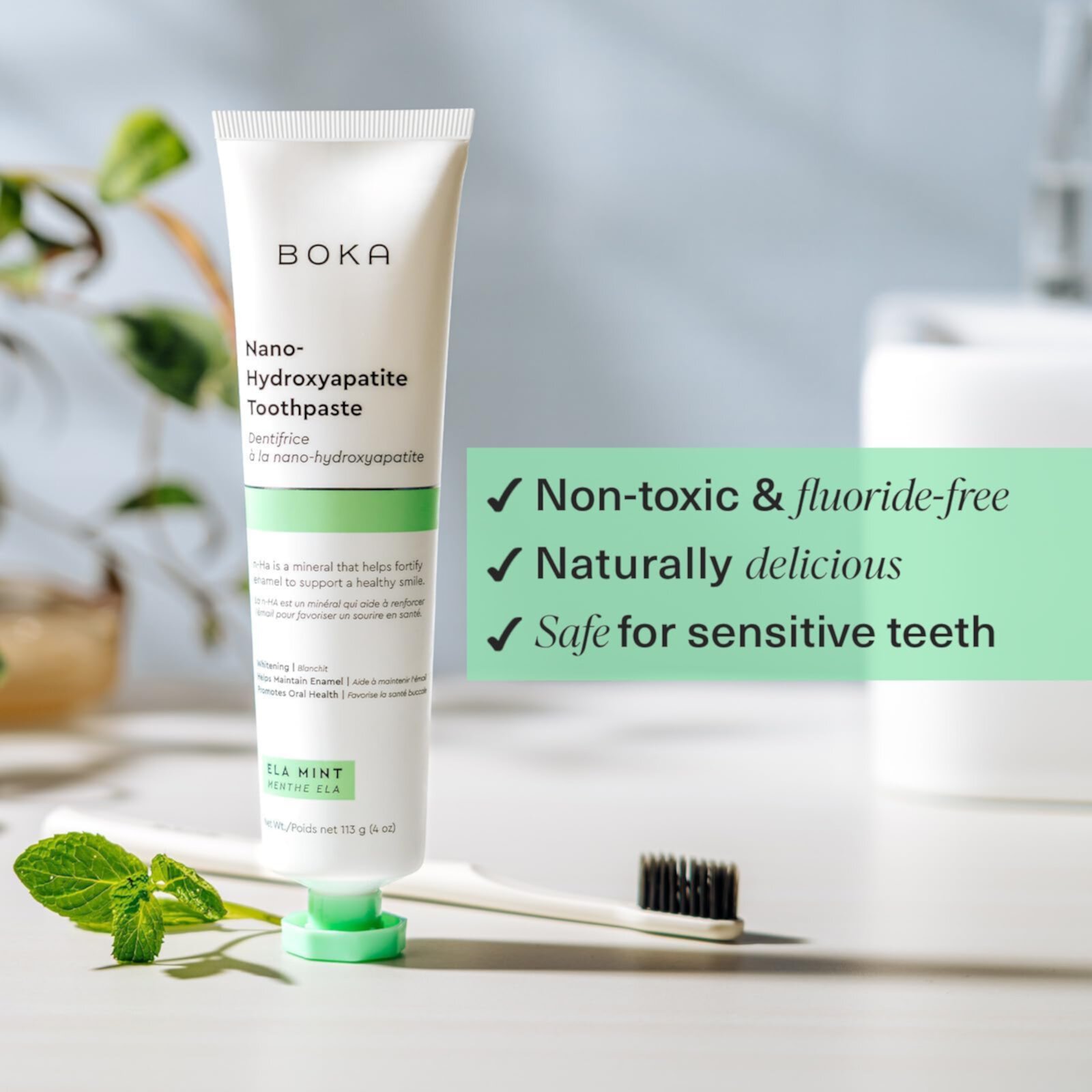 Boka Fluoride Free Toothpaste OIF8&nbsp;- Nano Hydroxyapatite, Remineralizing, Teeth, Whitening - Dentist Recommended for Adult & Kids Oral Care - Ela Mint Flavor, 4 Fl Oz 1 Pk - US Manufactured Boka