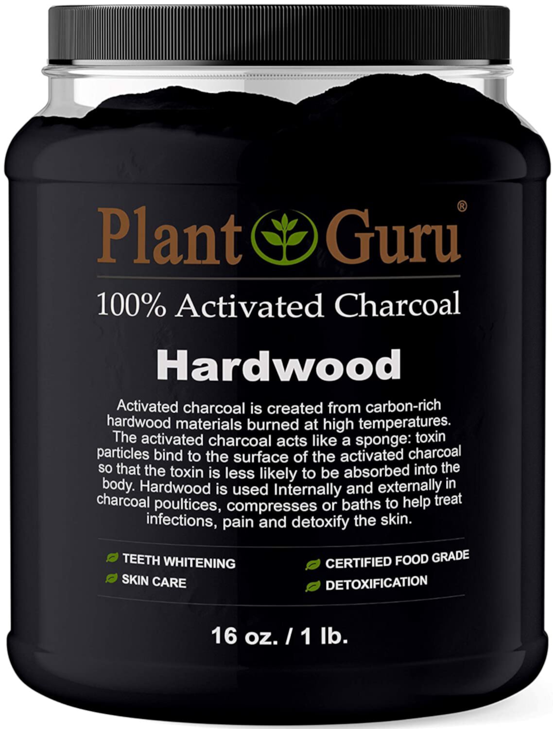 Activated Charcoal Powder Bulk - 1 lb. Jar - HARDWOOD - Food Grade Kosher Non-GMO - Teeth Whitening, Facial Mask and Soap Making. Promotes Natural Detoxification and Helps Digestion Plant Guru