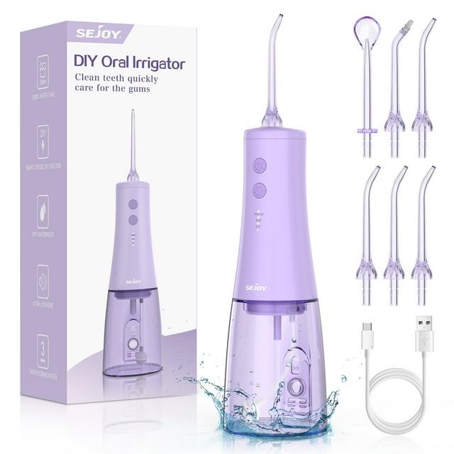 Sejoy Cordless Water Flosser, Dental Oral Irrigator, 350mL Tank, IPX7 Waterproof, Portable Rechargeable Teeth Cleaner for Home and Travel, Purple Sejoy