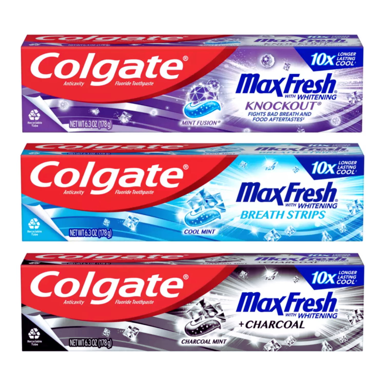 Colgate Max Fresh Whitening Toothpaste with Breath Strips, Cool Mint, Charcoal & Knockout, 6.3 oz (Pack of 3) Visit the Colgate Store