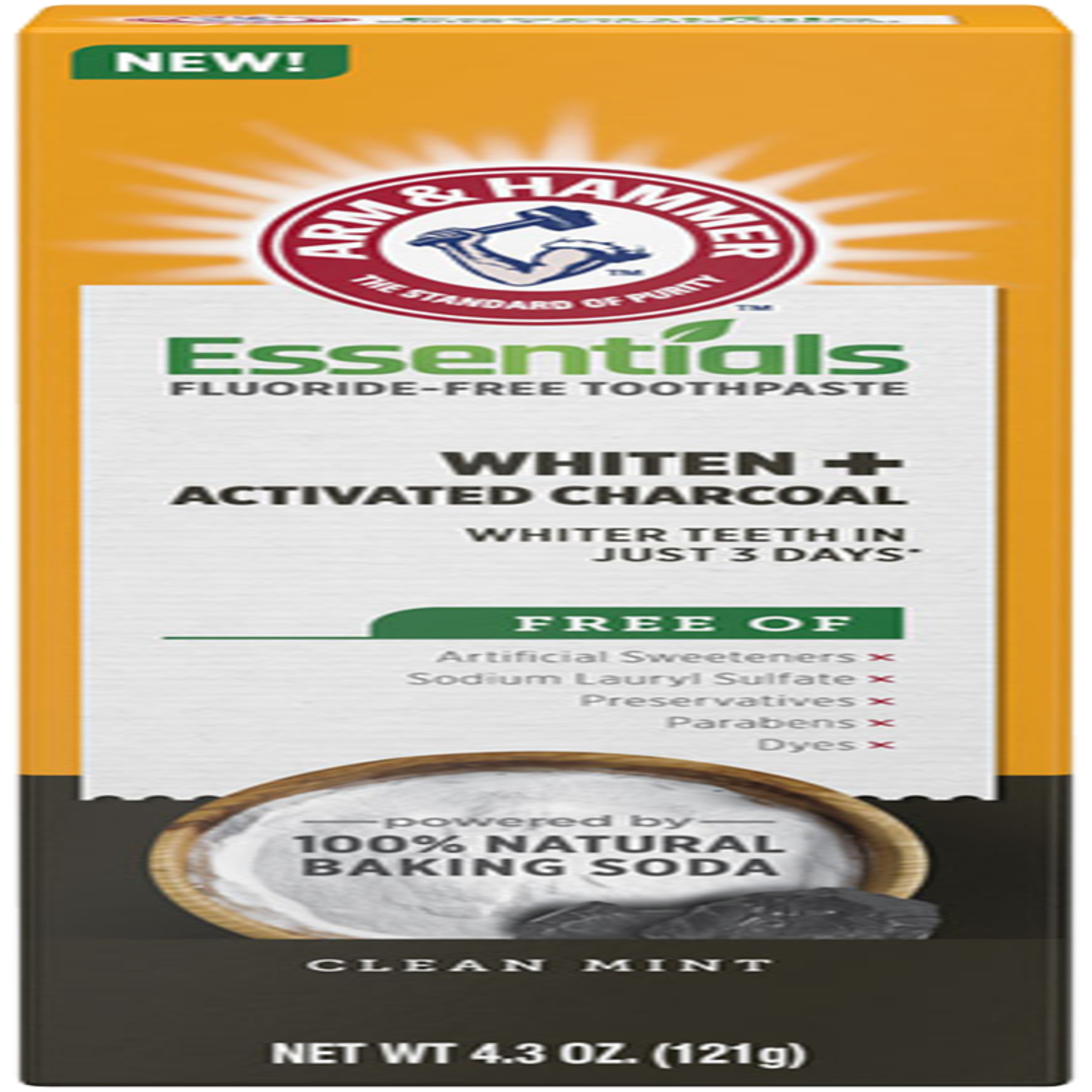 ARM & HAMMER Essentials Fluoride-Free Toothpaste Whiten + Activated Charcoal-One  4.3oz Tube, Clean Mint- 100% Natural Baking Soda Arm & Hammer