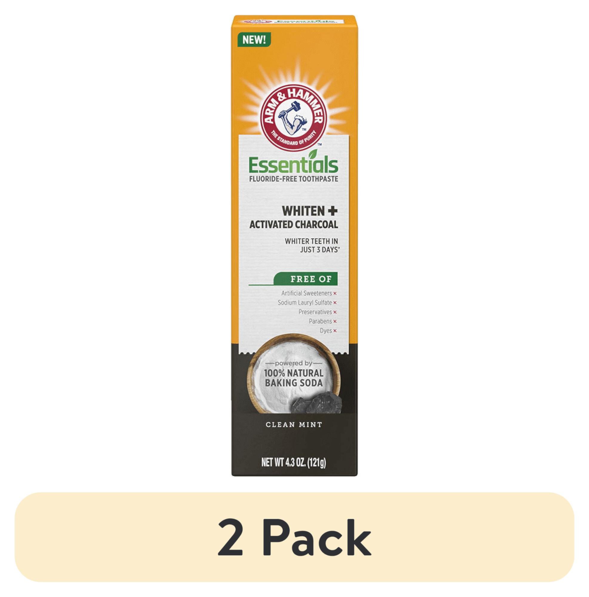 (2 pack) ARM & HAMMER Essentials Fluoride-Free Toothpaste Whiten + Activated Charcoal-One  4.3oz Tube, Clean Mint- 100% Natural Baking Soda Arm & Hammer