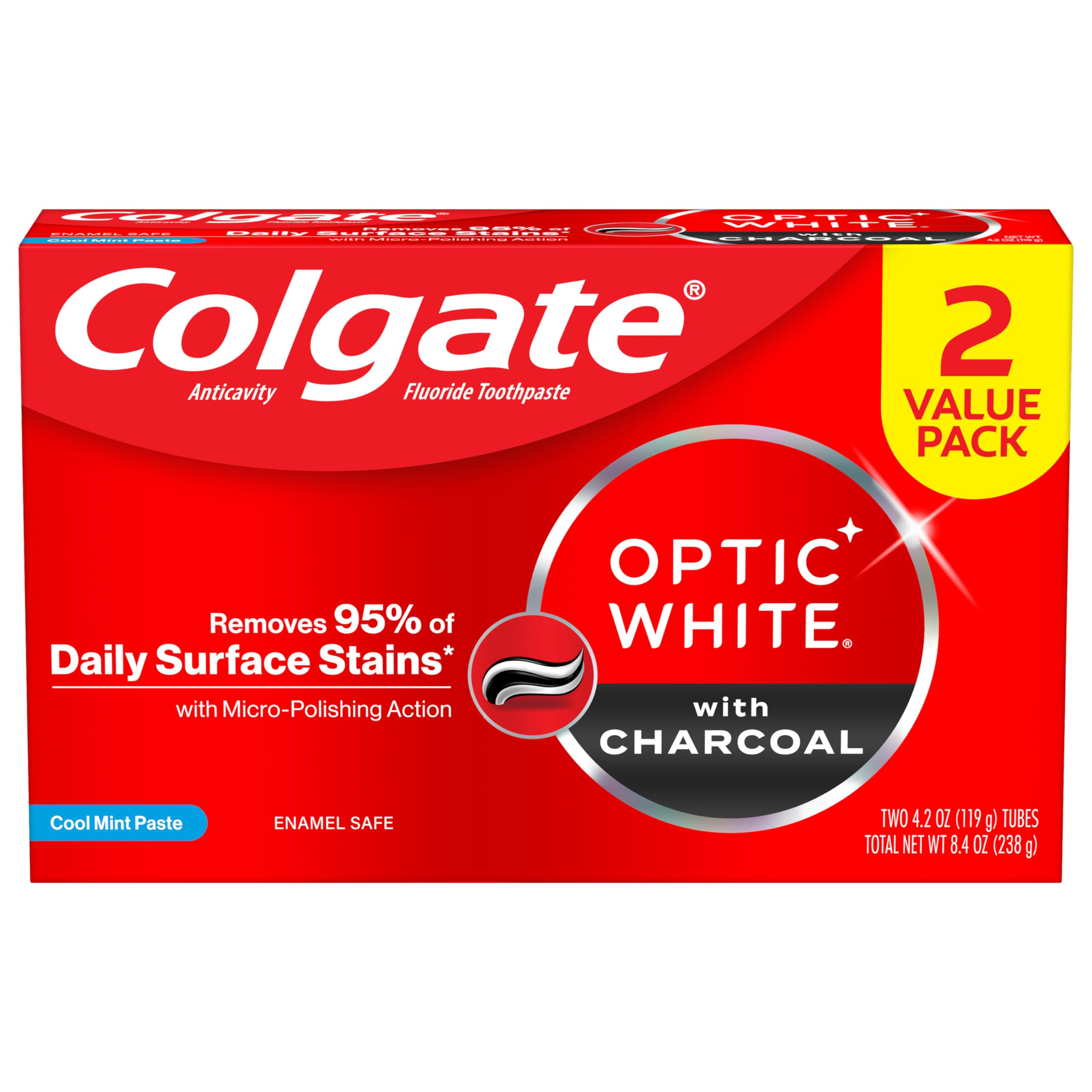 Colgate Optic White Charcoal Whitening Toothpaste, Cool Mint, Enamel-Safe with Fluoride, 2 Pack 4.2oz Tubes C3 Visit the Colgate Store