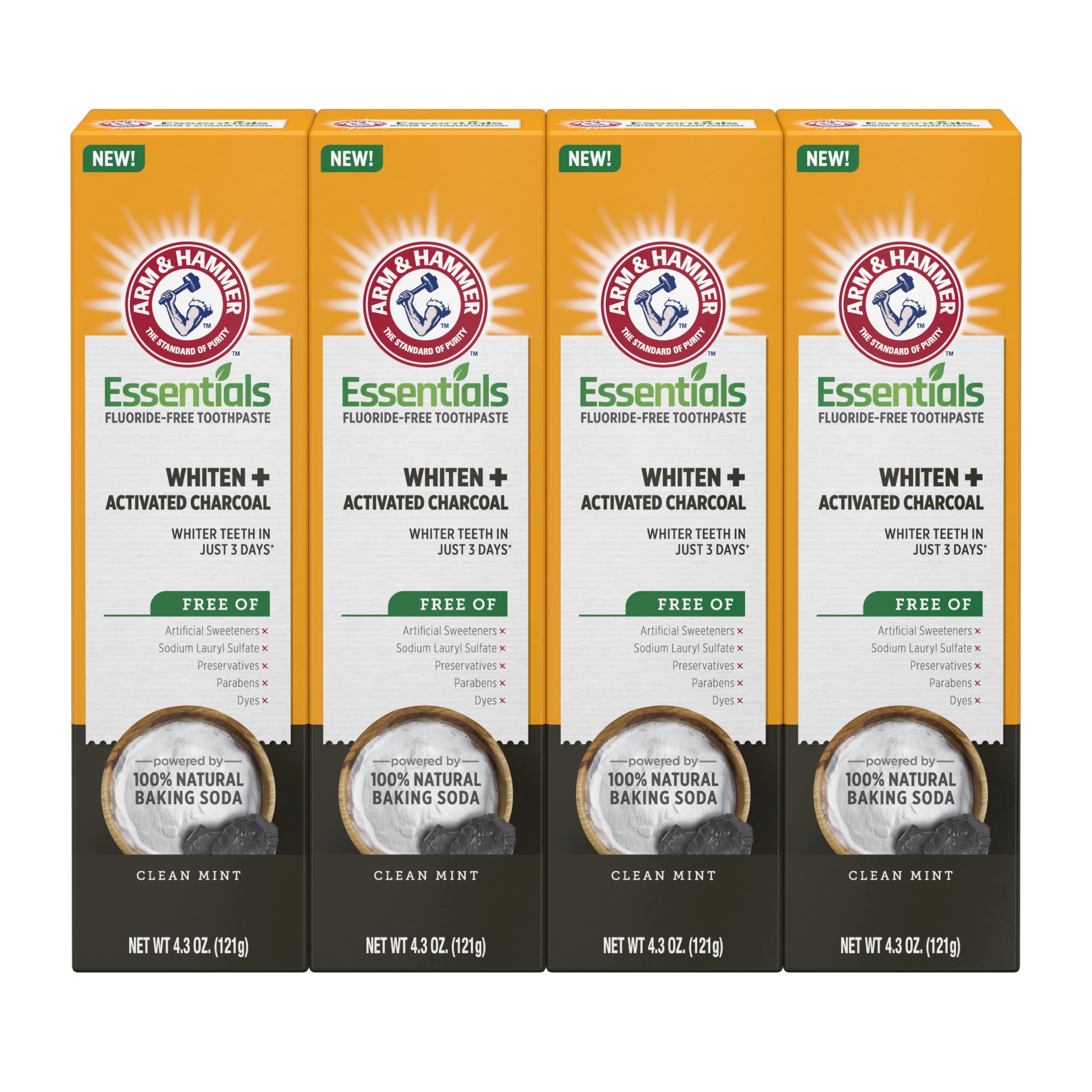 Arm & Hammer Essentials Fluoride-Free Toothpaste Whiten + Activated Charcoal-4 Pack Of 4.3Oz Tubes, Clean Mint- 100% Natural Baking Soda Arm & Hammer