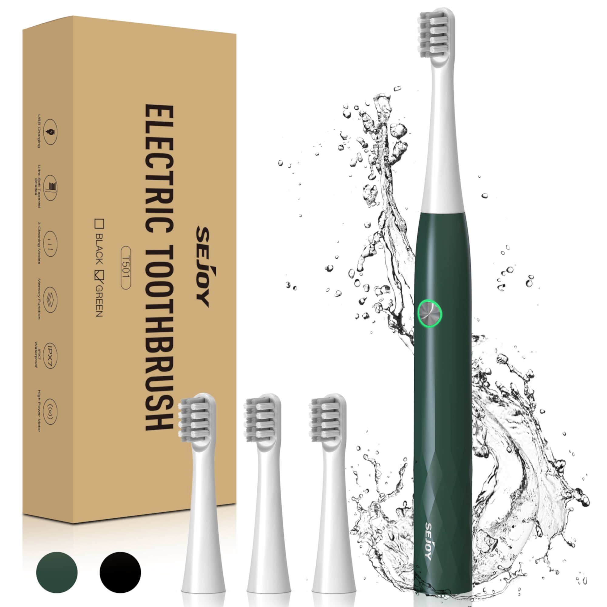 Sejoy Electric Toothbrush with 4 Brush Heads,Rechargeable  Tooth Brushfor Adults and Kids,Power Sonic Tooth Brush Soft Cleaning,3 Modes ,Smart Timer for Home Travel,Gift,Green Sejoy