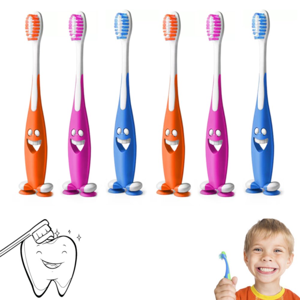 6 Smiley Happy Toothbrush Suction Cup Stand Soft Bristles Kids Toddler Oral Care AllTopBargains