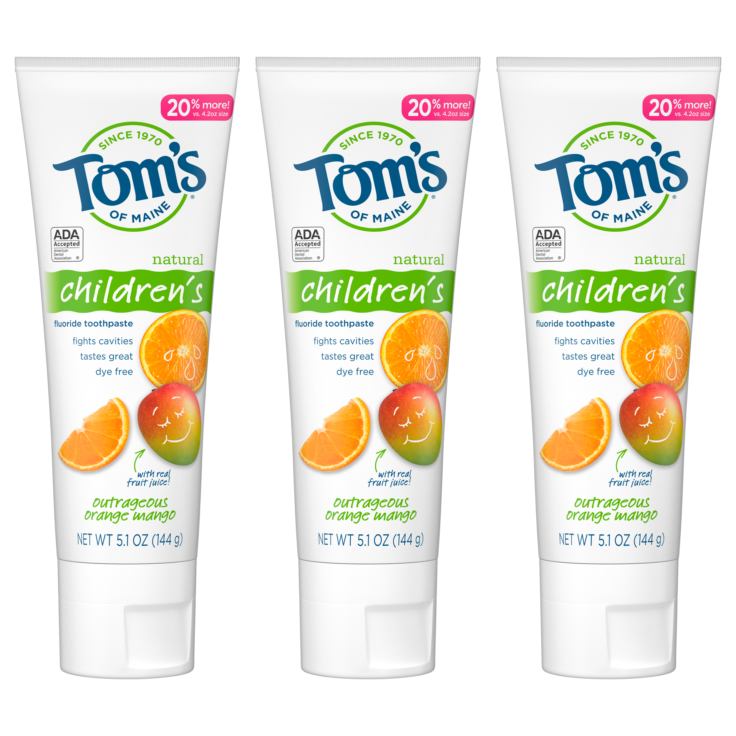 Tom's of Maine Anticavity Fluoride Children's Toothpaste, Kids Toothpaste, Natural Toothpaste, Outrageous Orange-Mango, 5.1 Ounce, 3-Pack Tom's of Maine