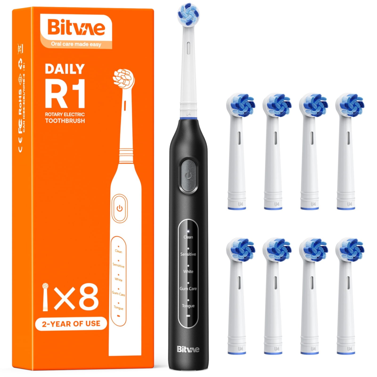 Bitvae Rotating Electric Toothbrush for Adults with 8 Brush Heads, 5 Modes Rechargeable Power Toothbrush with 2-Minute Smart Timer, White R1 Bitvae