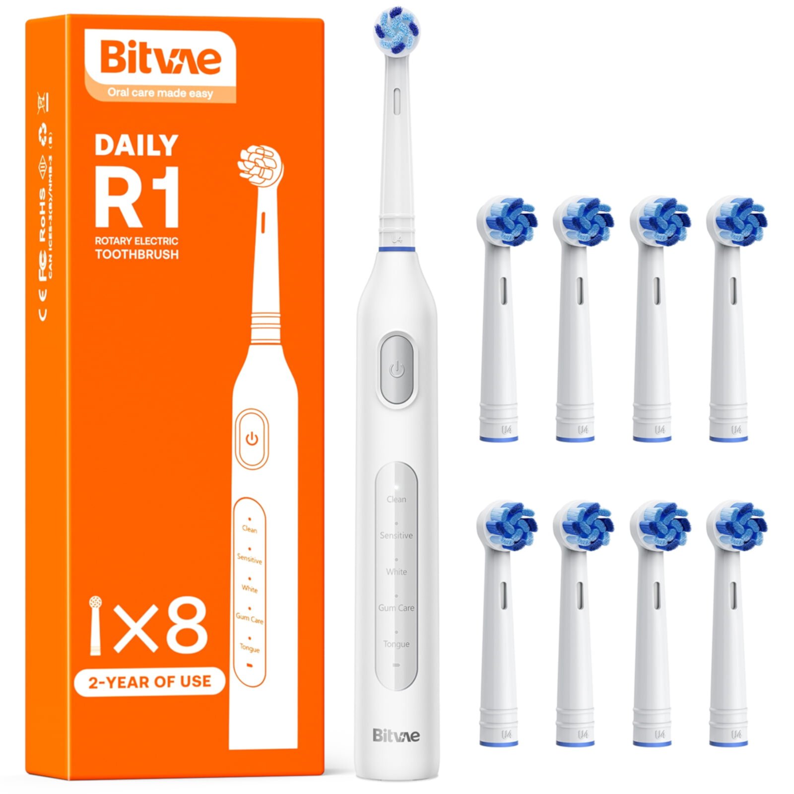 Bitvae Rotating Electric Toothbrush for Adults with 8 Brush Heads, 5 Modes Rechargeable Power Toothbrush with 2-Minute Smart Timer, White R1 Bitvae